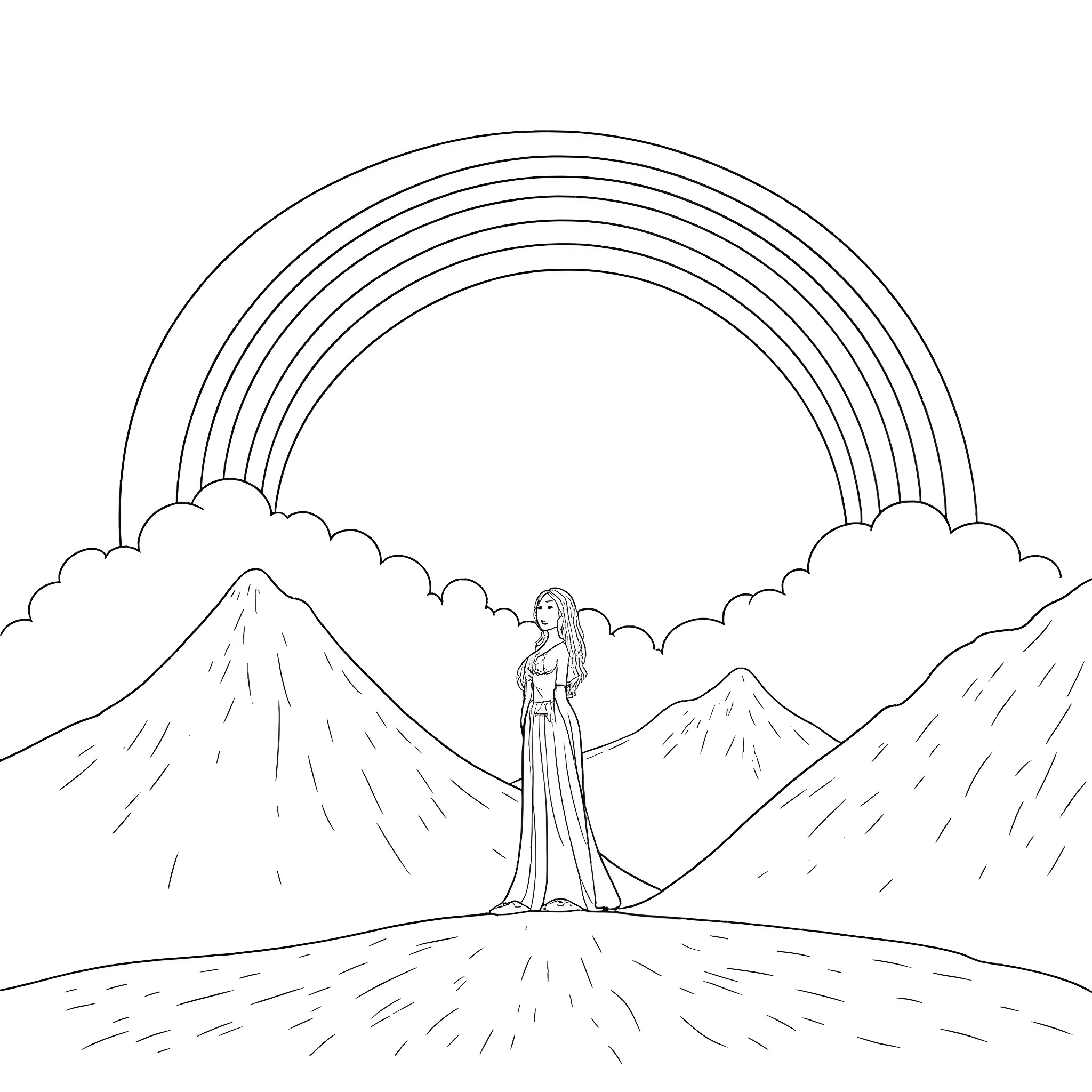 Lady stands amidst mountainous landscape with rainbow Coloring Page (free black-and-white line drawing printable PDF for all, from beginners to advanced learners, including children, teens, adults, and seniors)