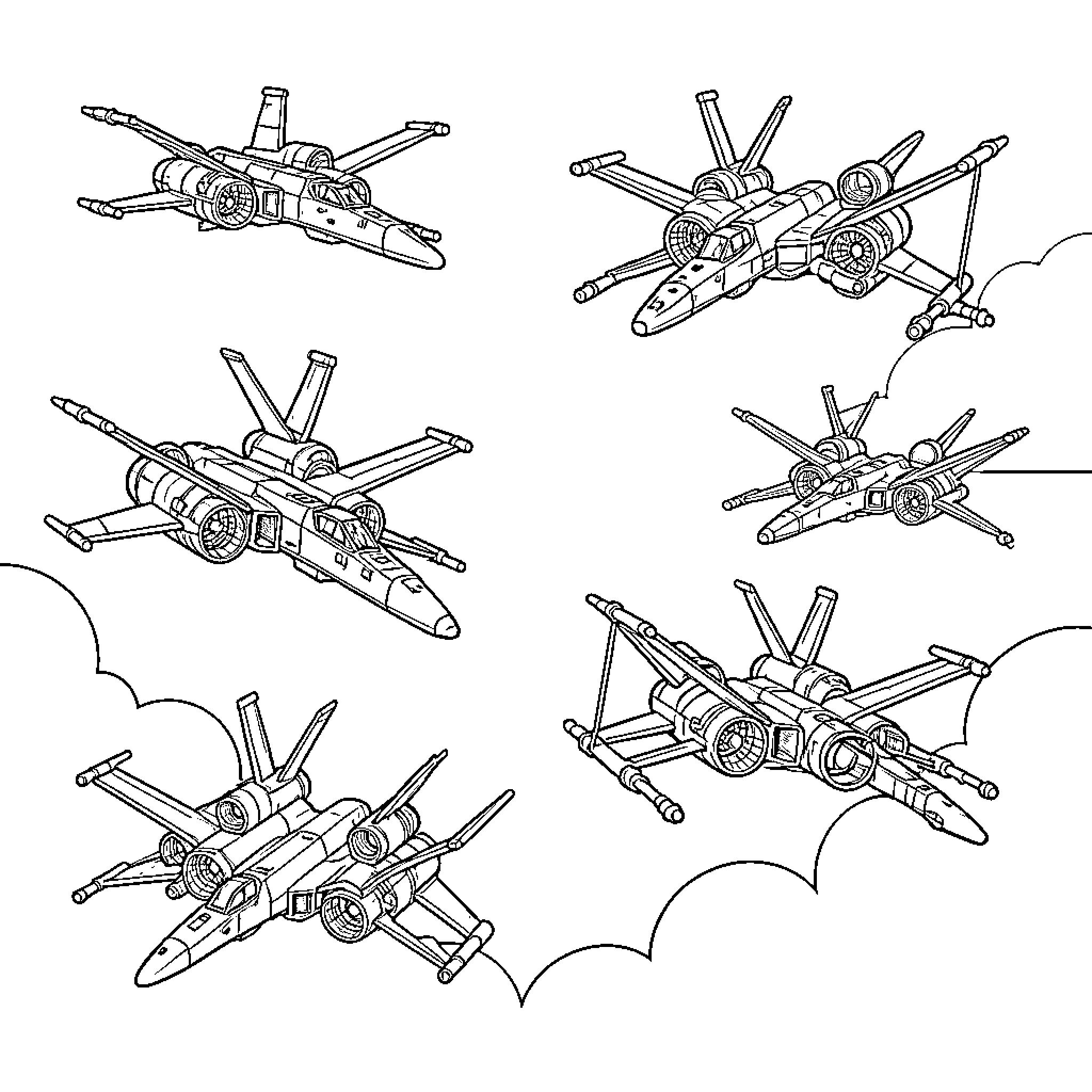 X-Wing starfighters flying in various formations through space Coloring Page (free black-and-white line drawing printable PDF for all, from beginners to advanced learners, including children, teens, adults, and seniors)