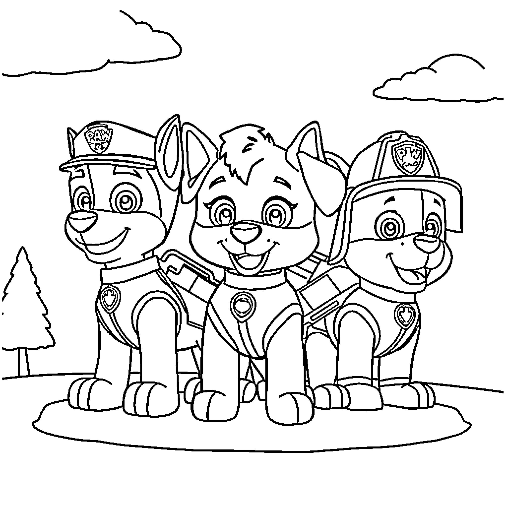 Paw Patrol characters on patrol adventure Coloring Page (free black-and-white line drawing printable PDF for all, from beginners to advanced learners, including children, teens, adults, and seniors)