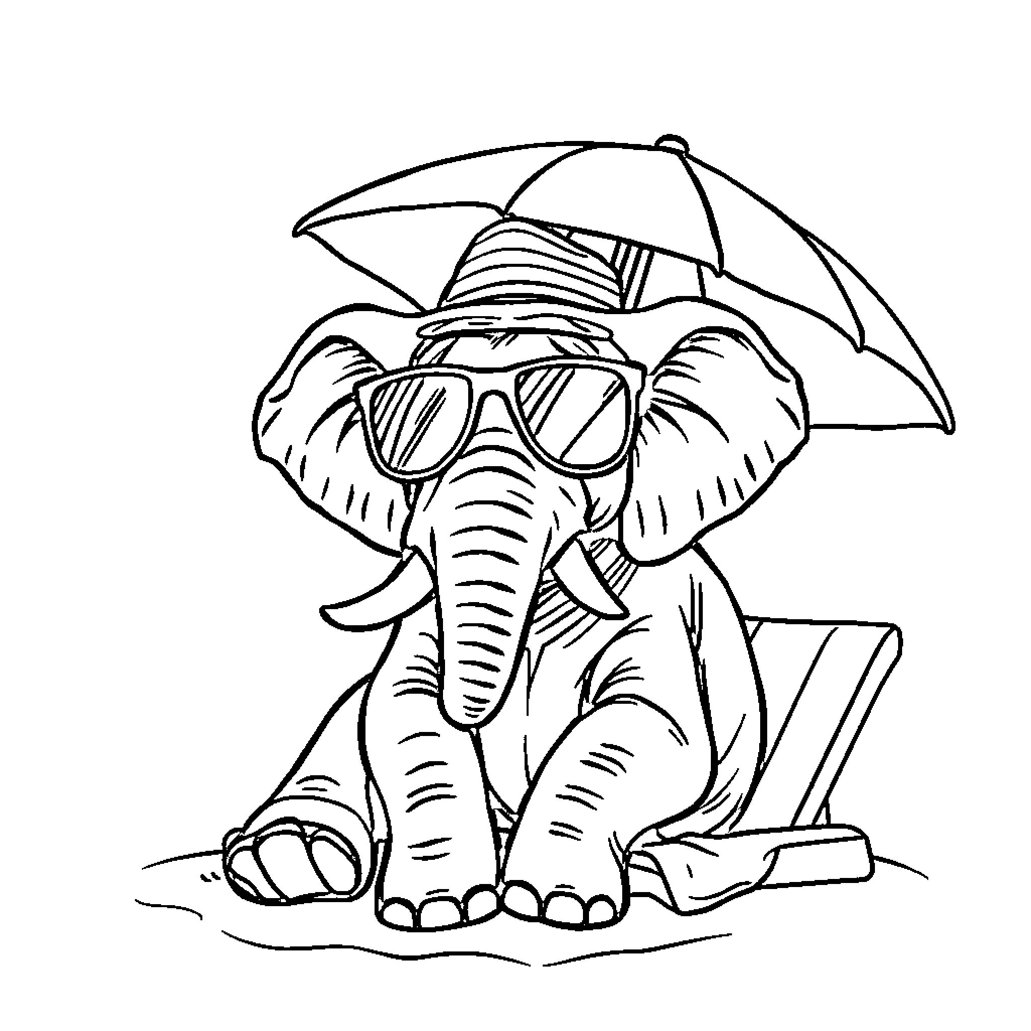 Elephant relaxing at the beach with umbrella Coloring Page (free black-and-white line drawing printable PDF for all, from beginners to advanced learners, including children, teens, adults, and seniors)