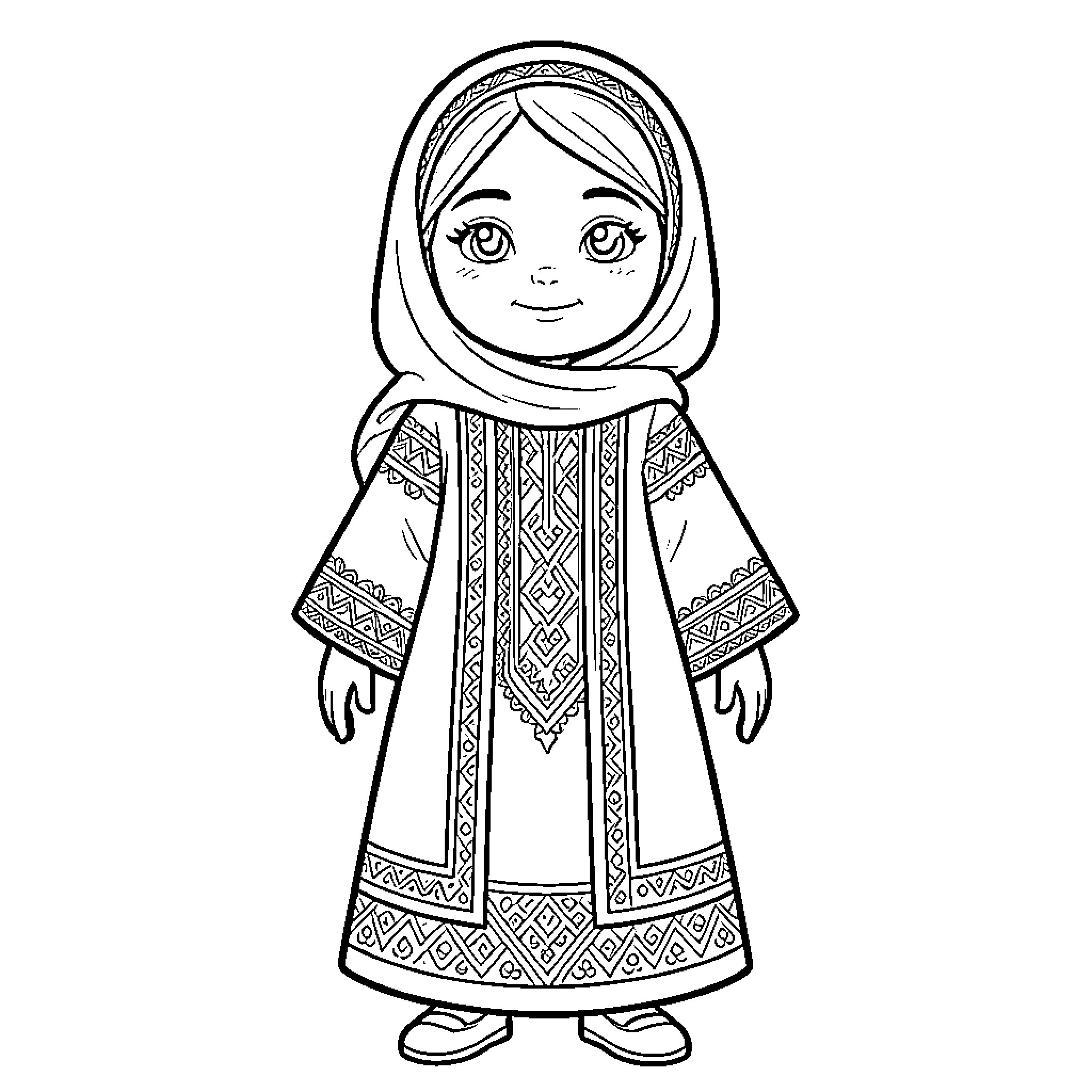 Masha wearing traditional patterned clothing and a headscarf Coloring Page (free black-and-white line drawing printable PDF for all, from beginners to advanced learners, including children, teens, adults, and seniors)