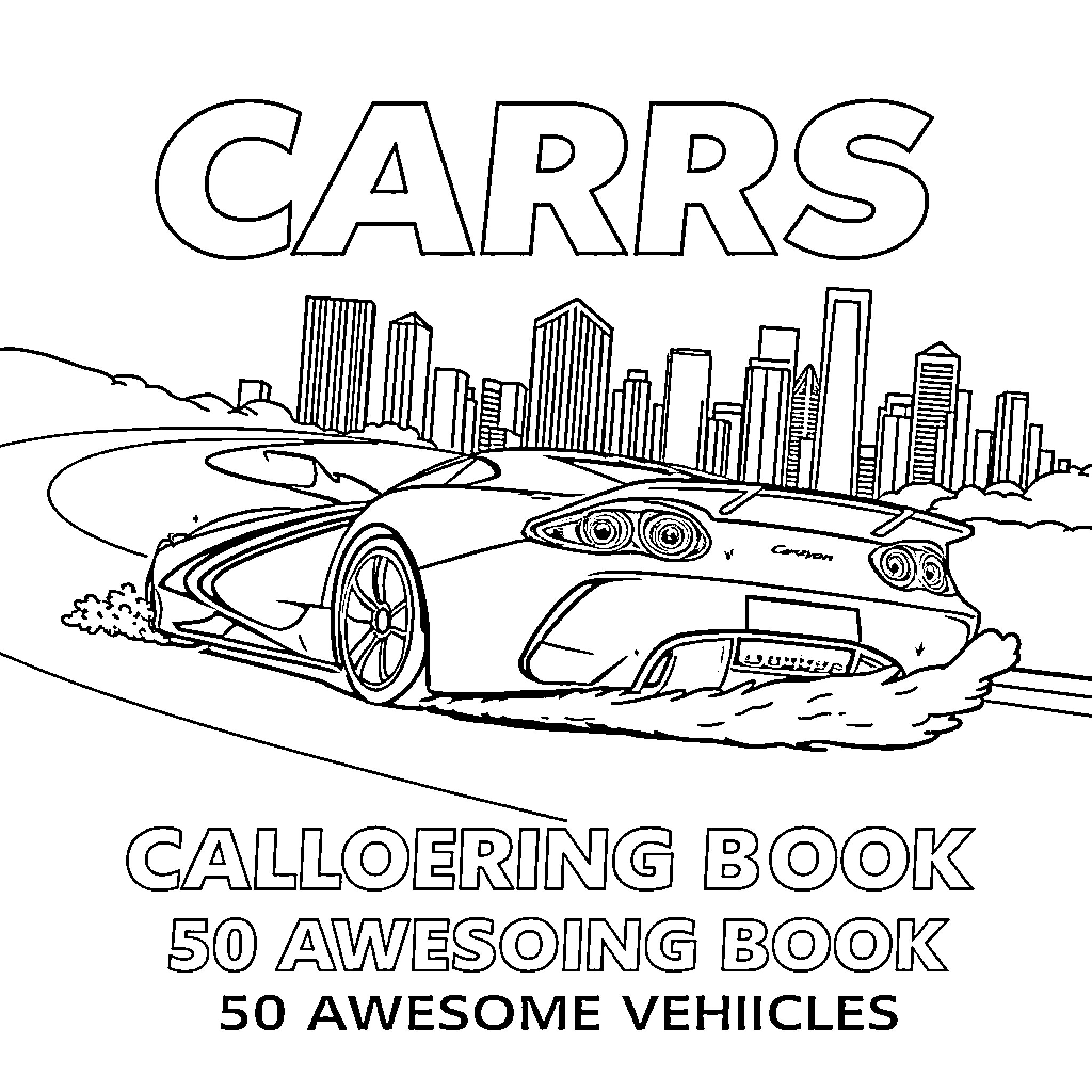Car speeding through city skyline Coloring Page (free black-and-white line drawing printable PDF for all, from beginners to advanced learners, including children, teens, adults, and seniors)