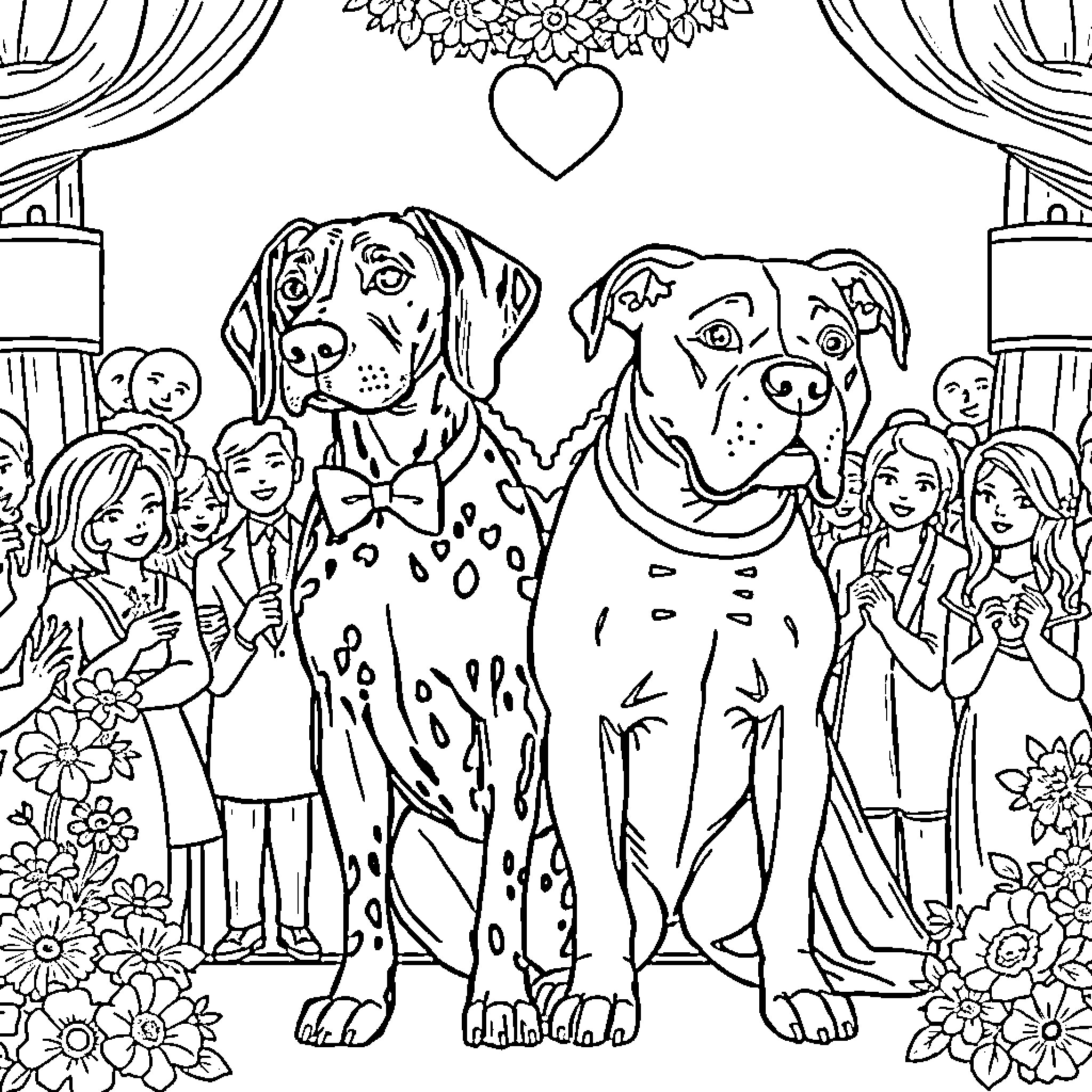 Dog wedding ceremony with happy family Coloring Page (free black-and-white line drawing printable PDF for all, from beginners to advanced learners, including children, teens, adults, and seniors)