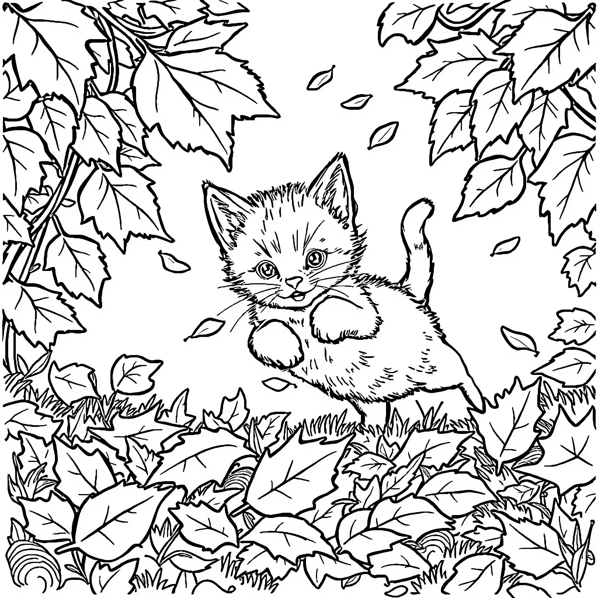 Kitten playing in autumn leaves Coloring Page (free black-and-white line drawing printable PDF for all, from beginners to advanced learners, including children, teens, adults, and seniors)