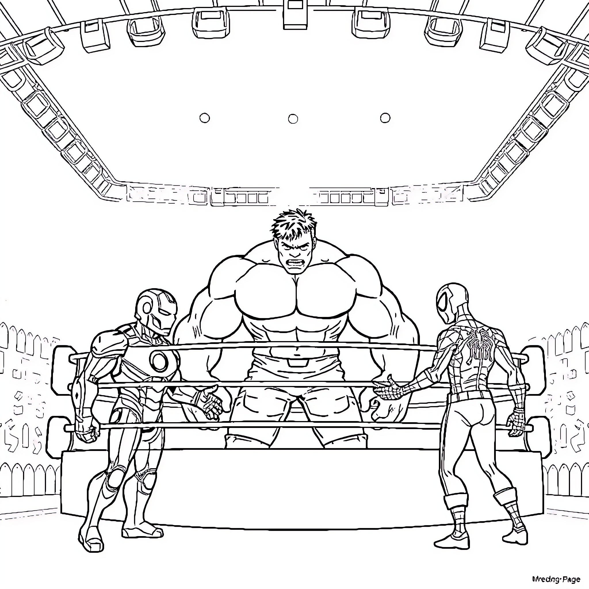 Hulk Battles Adversaries in Superhero Showdown Coloring Page (free black-and-white line drawing printable PDF for all, from beginners to advanced learners, including children, teens, adults, and seniors)