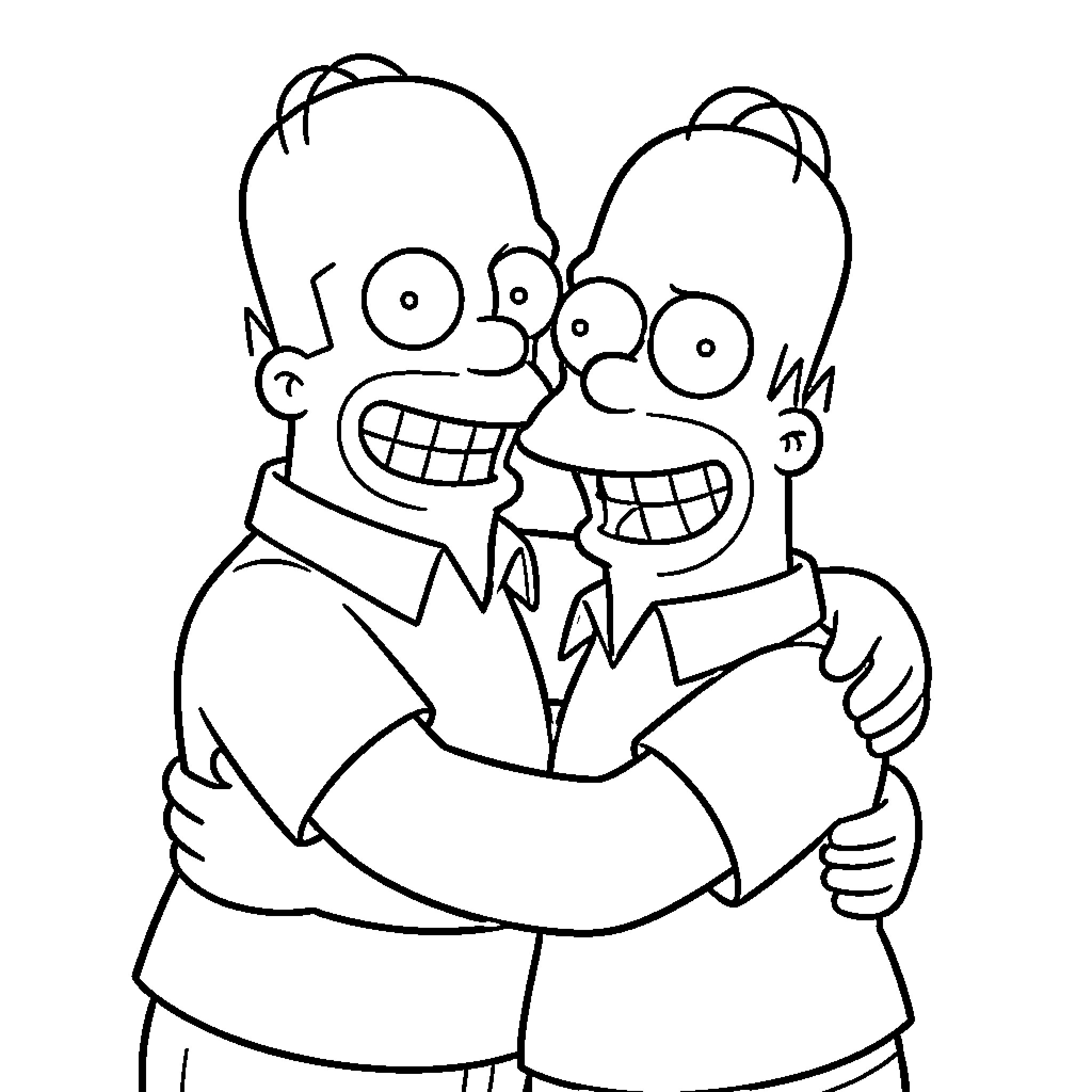 Homer Simpson and friend in animated style Coloring Page (free black-and-white line drawing printable PDF for all, from beginners to advanced learners, including children, teens, adults, and seniors)