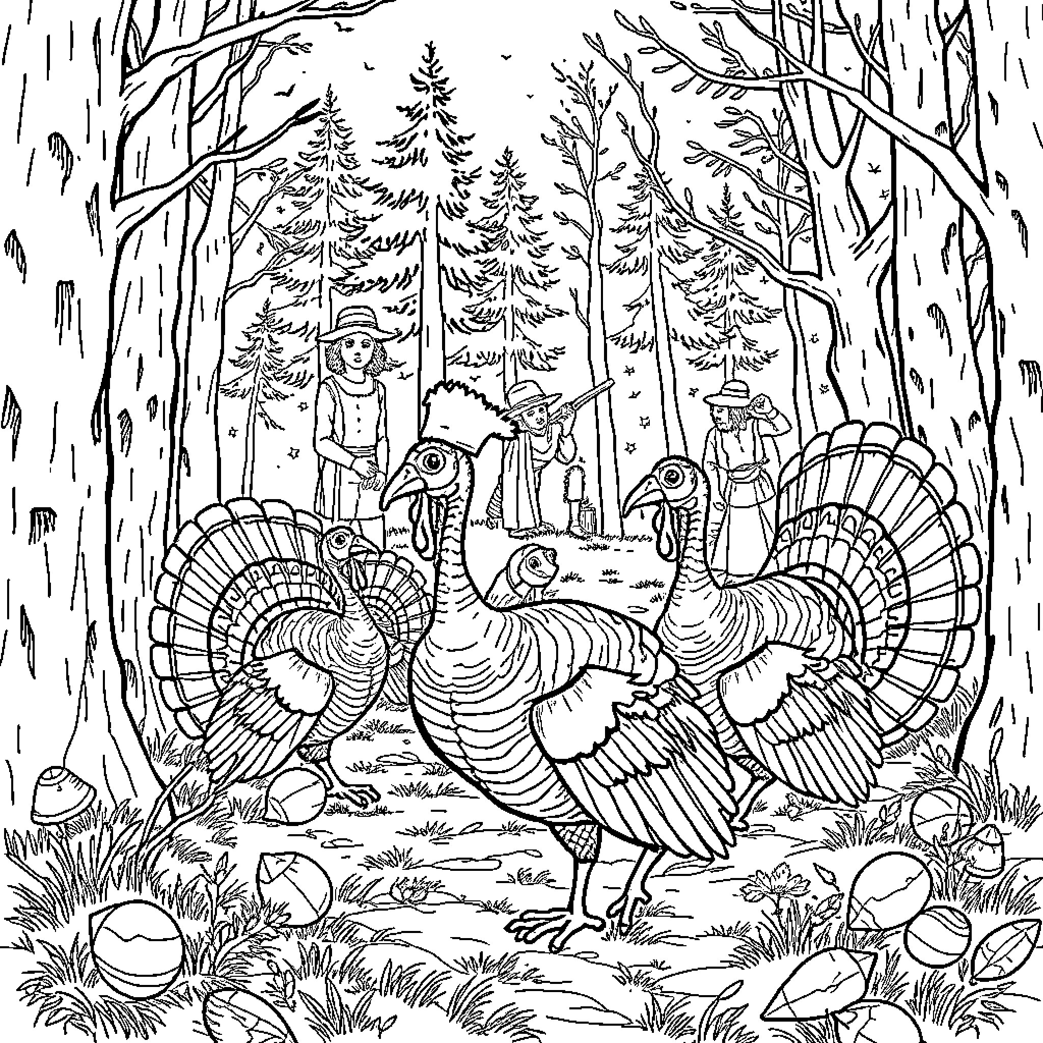 Turkey in the Enchanted Forest Coloring Page (free black-and-white line drawing printable PDF for all, from beginners to advanced learners, including children, teens, adults, and seniors)