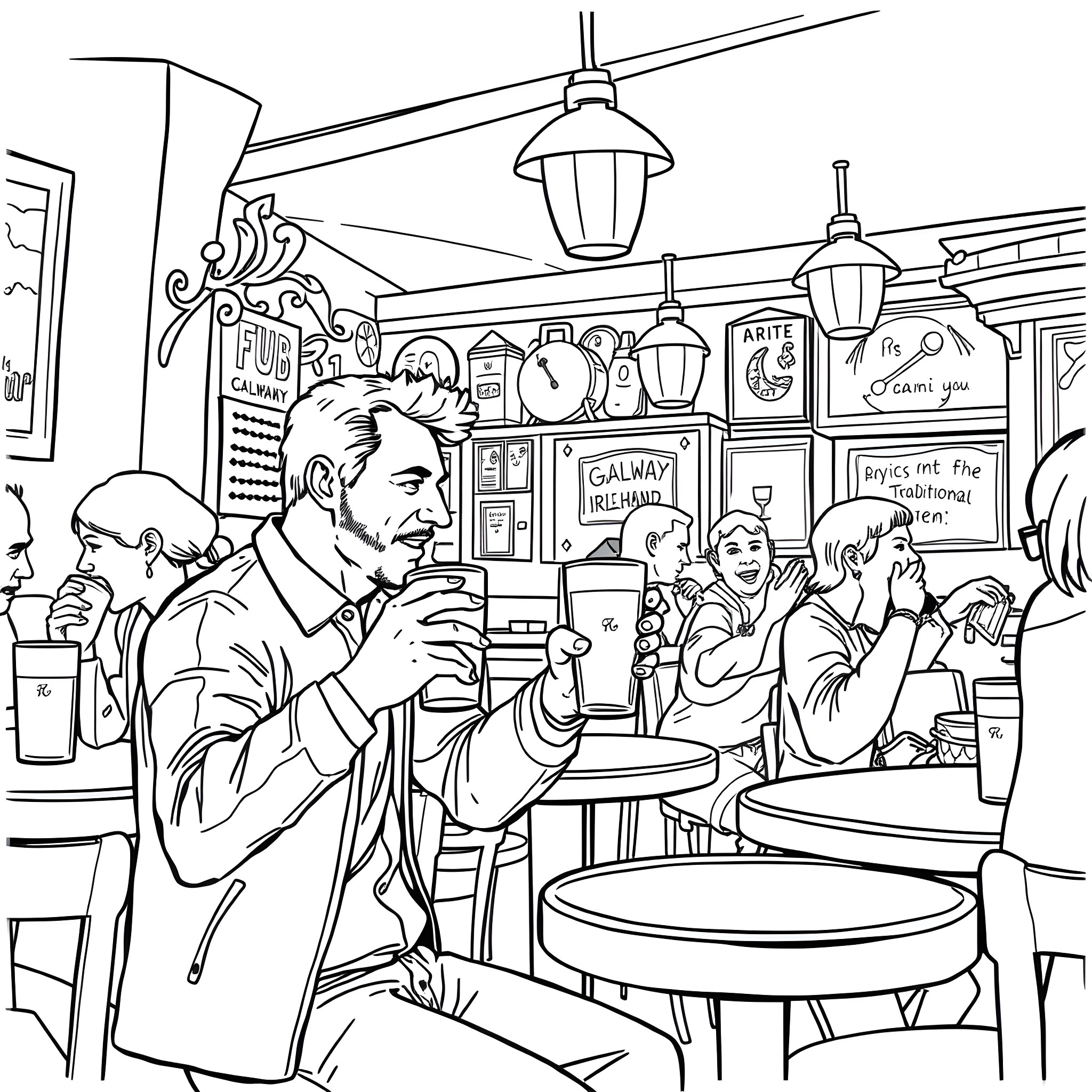 Man enjoying coffee in a cozy cafe Coloring Page (free black-and-white line drawing printable PDF for all, from beginners to advanced learners, including children, teens, adults, and seniors)