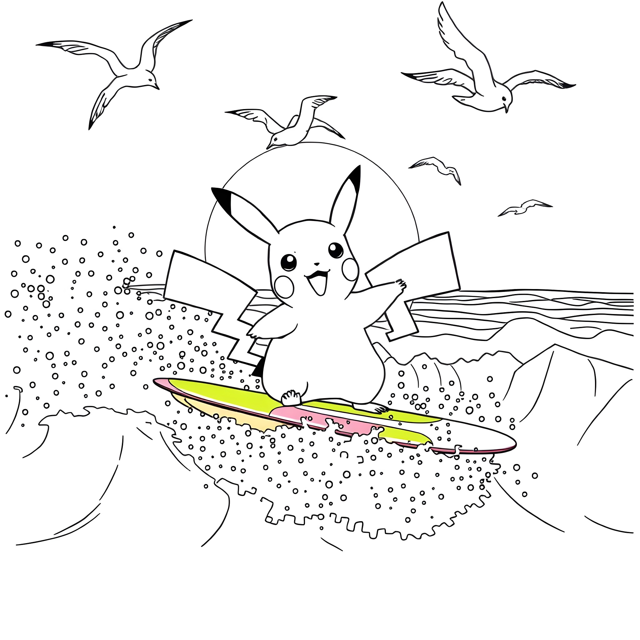Pikachu surfing with seagulls in the ocean Coloring Page (free black-and-white line drawing printable PDF for all, from beginners to advanced learners, including children, teens, adults, and seniors)