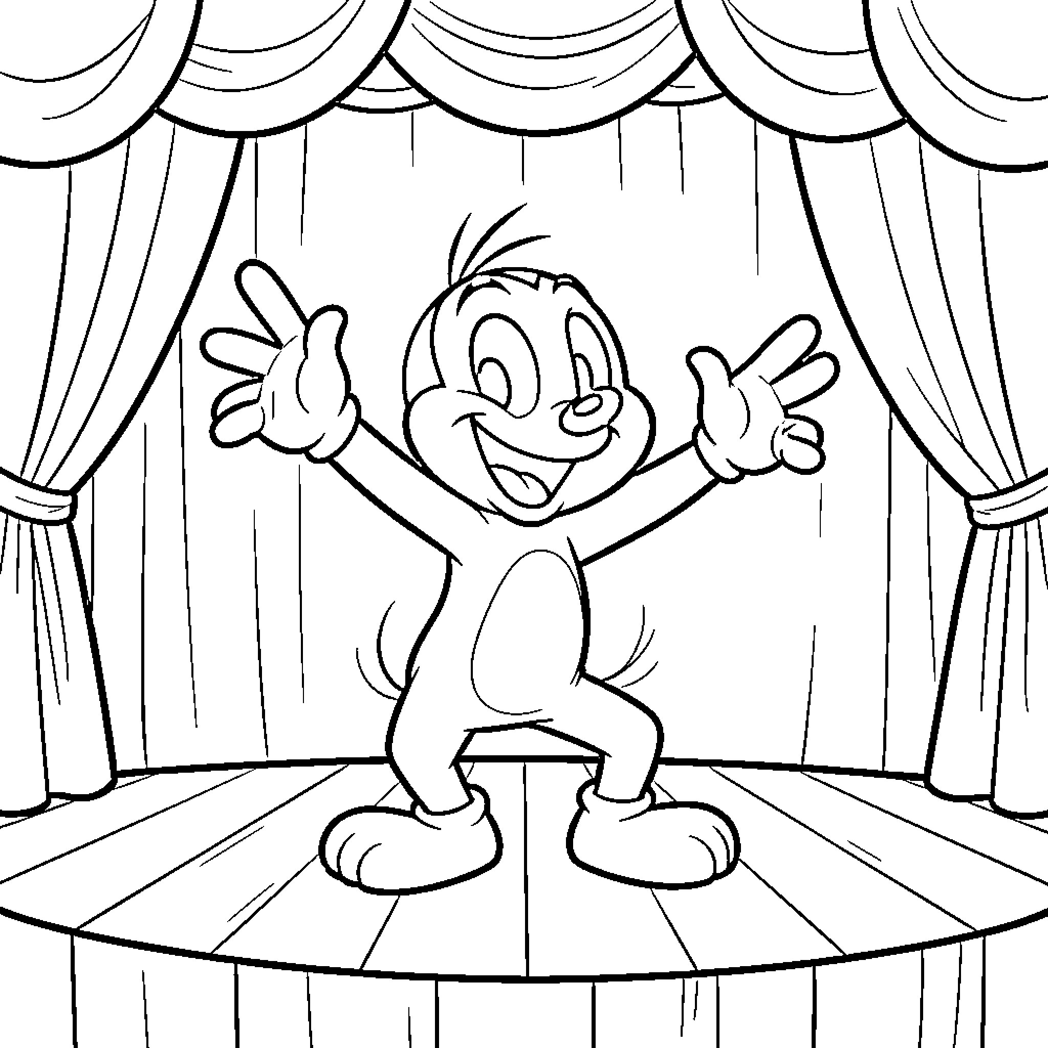 Looney Toon character dancing joyfully on a stage Coloring Page (free black-and-white line drawing printable PDF for all, from beginners to advanced learners, including children, teens, adults, and seniors)