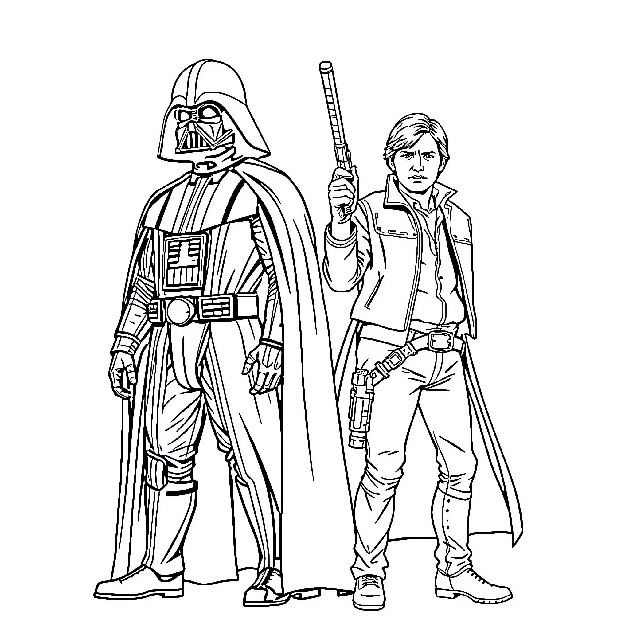 Darth Vader and Han Solo in Star Wars battle gear Coloring Page (free black-and-white line drawing printable PDF for all, from beginners to advanced learners, including children, teens, adults, and seniors)