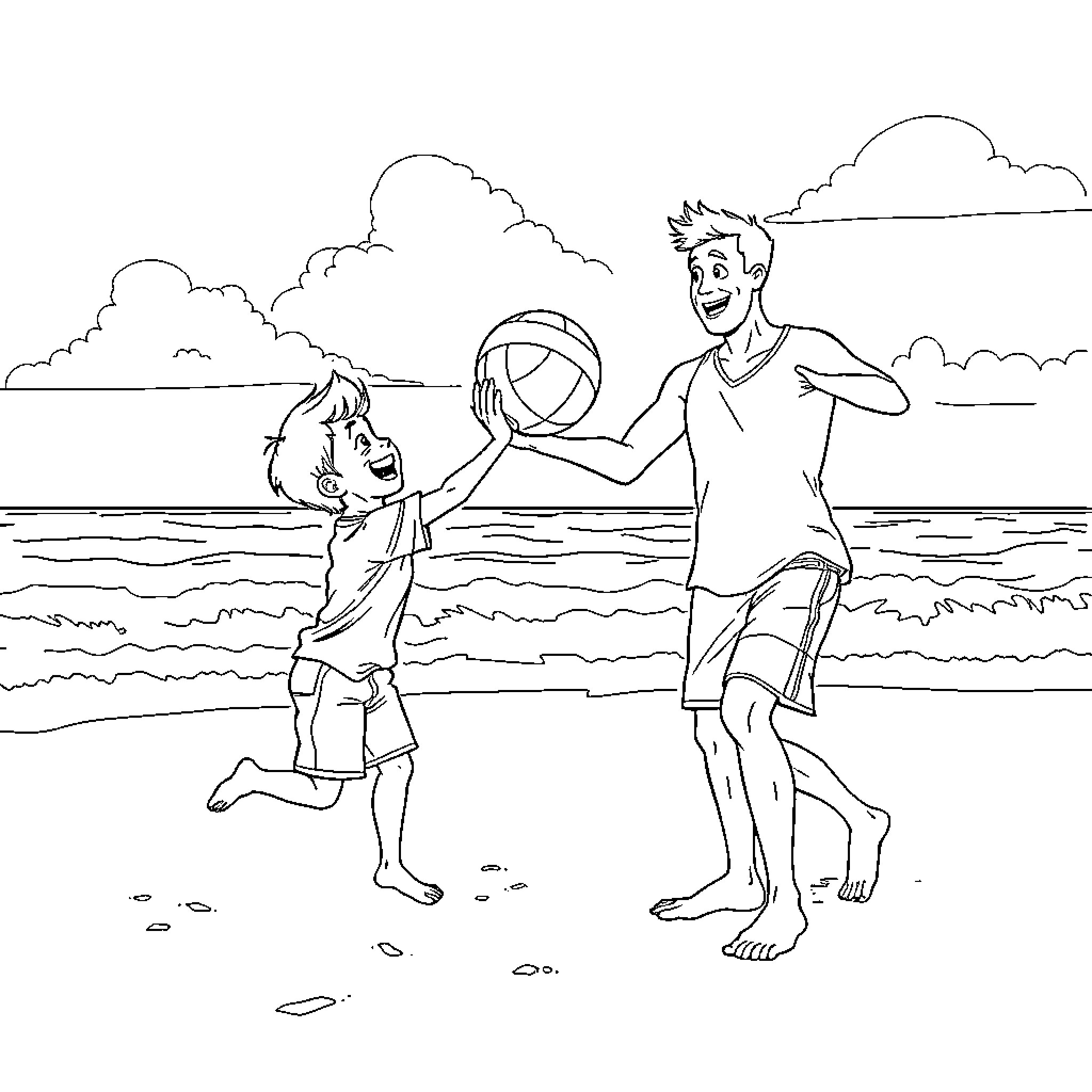Dad and son playing with ball at the beach Coloring Page (free black-and-white line drawing printable PDF for all, from beginners to advanced learners, including children, teens, adults, and seniors)