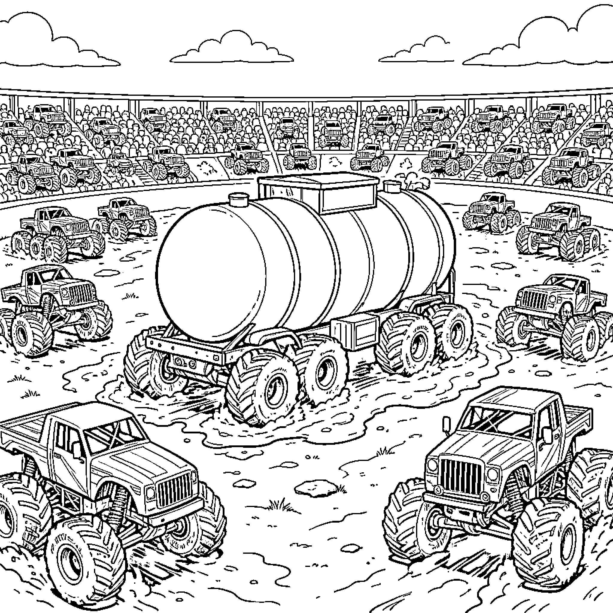 Gas Tanker Surrounded by Massive Trucks in Muddy Arena Coloring Page (free black-and-white line drawing printable PDF for all, from beginners to advanced learners, including children, teens, adults, and seniors)