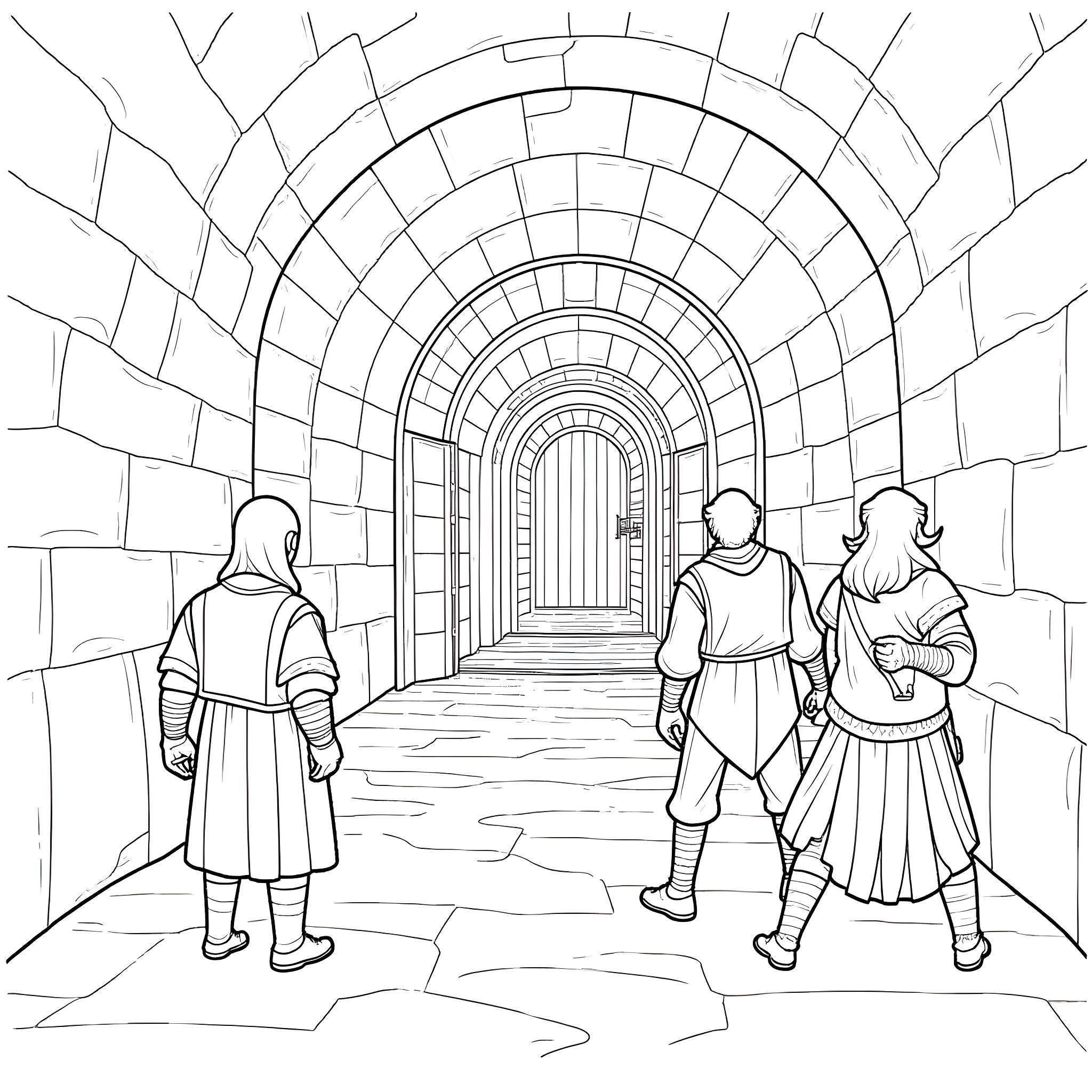 Hero Journeying Through a Mysterious Archway Coloring Page (free black-and-white line drawing printable PDF for all, from beginners to advanced learners, including children, teens, adults, and seniors)