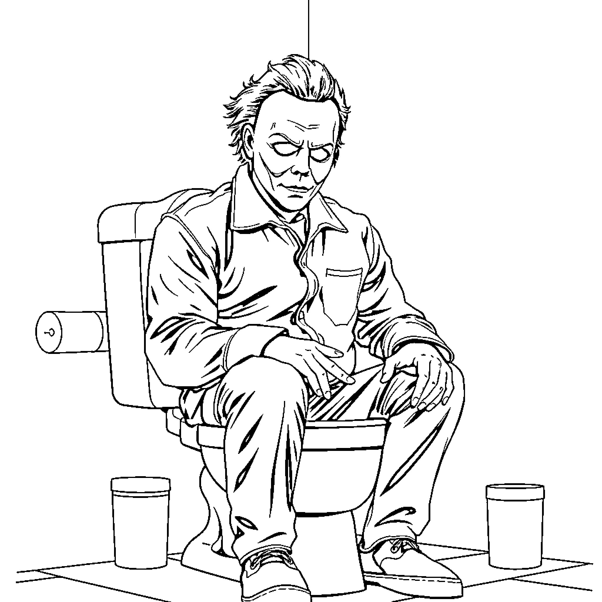 Michael Myers relaxing in a chair with a serious expression Coloring Page (free black-and-white line drawing printable PDF for all, from beginners to advanced learners, including children, teens, adults, and seniors)