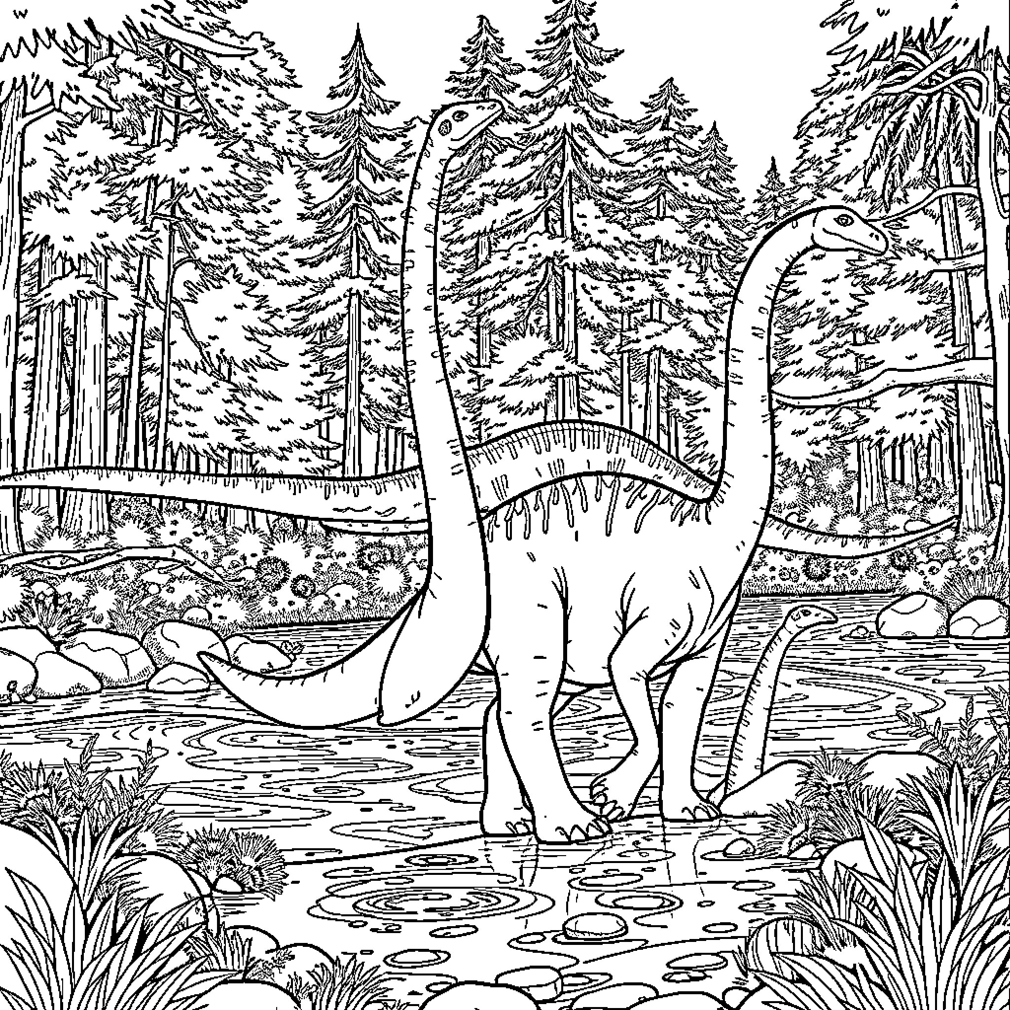 Diplodocus roaming through a lush forest landscape Coloring Page (free black-and-white line drawing printable PDF for all, from beginners to advanced learners, including children, teens, adults, and seniors)