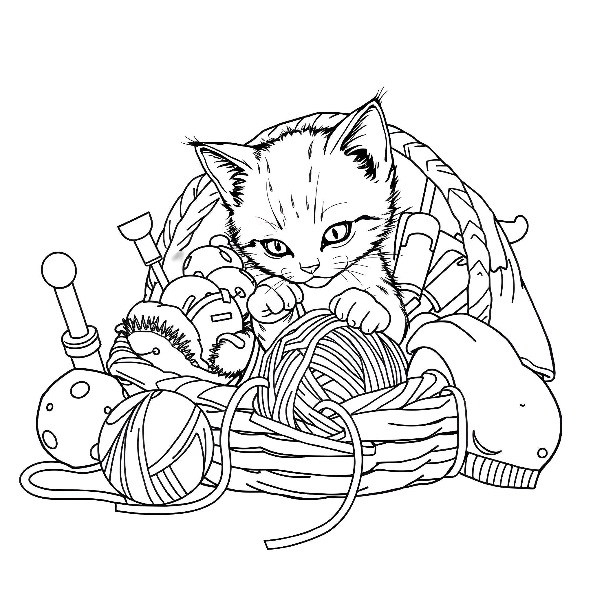 Kitty playing in a basket of yarn Coloring Page (free black-and-white line drawing printable PDF for all, from beginners to advanced learners, including children, teens, adults, and seniors)