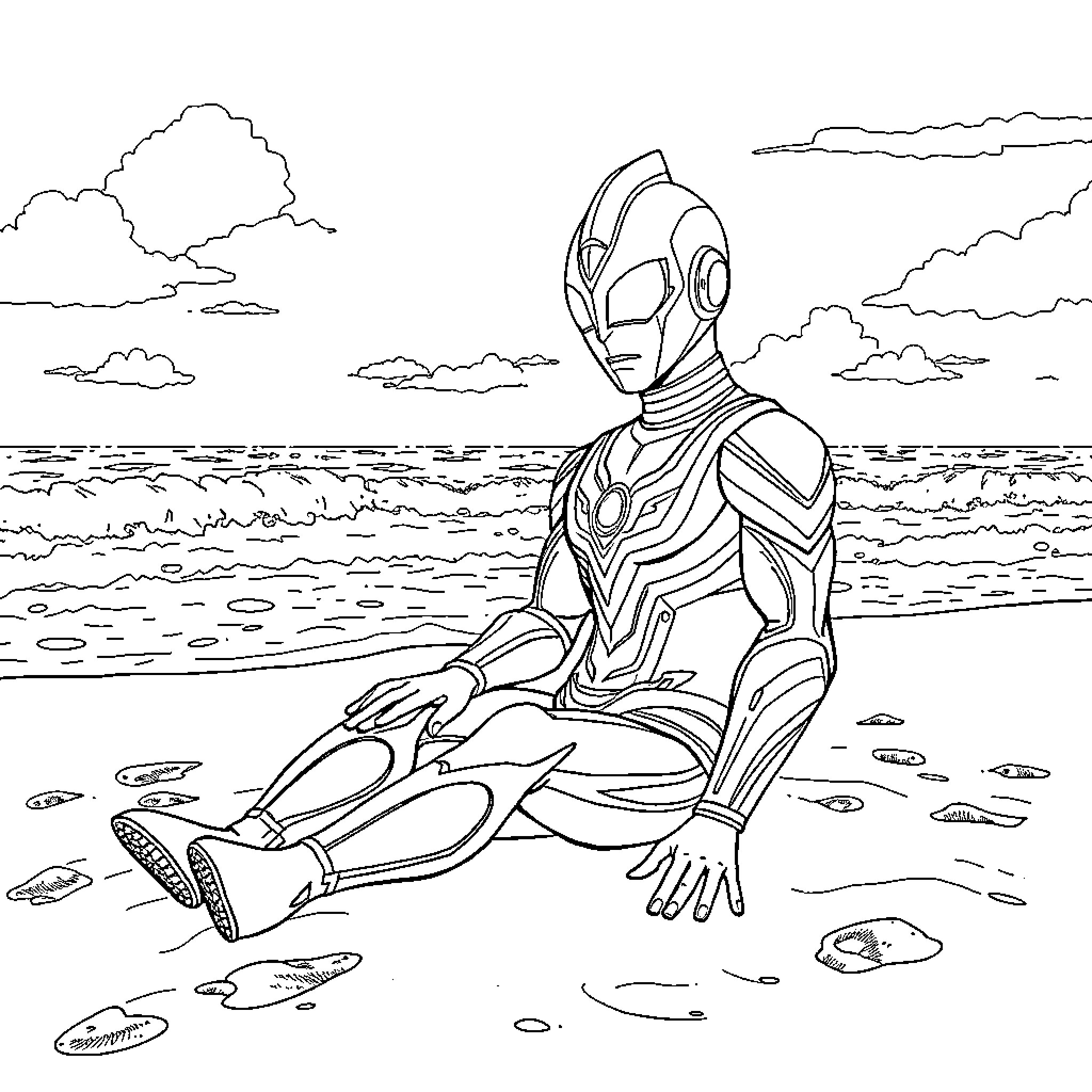 Ultraman contemplating on the seashore Coloring Page (free black-and-white line drawing printable PDF for all, from beginners to advanced learners, including children, teens, adults, and seniors)