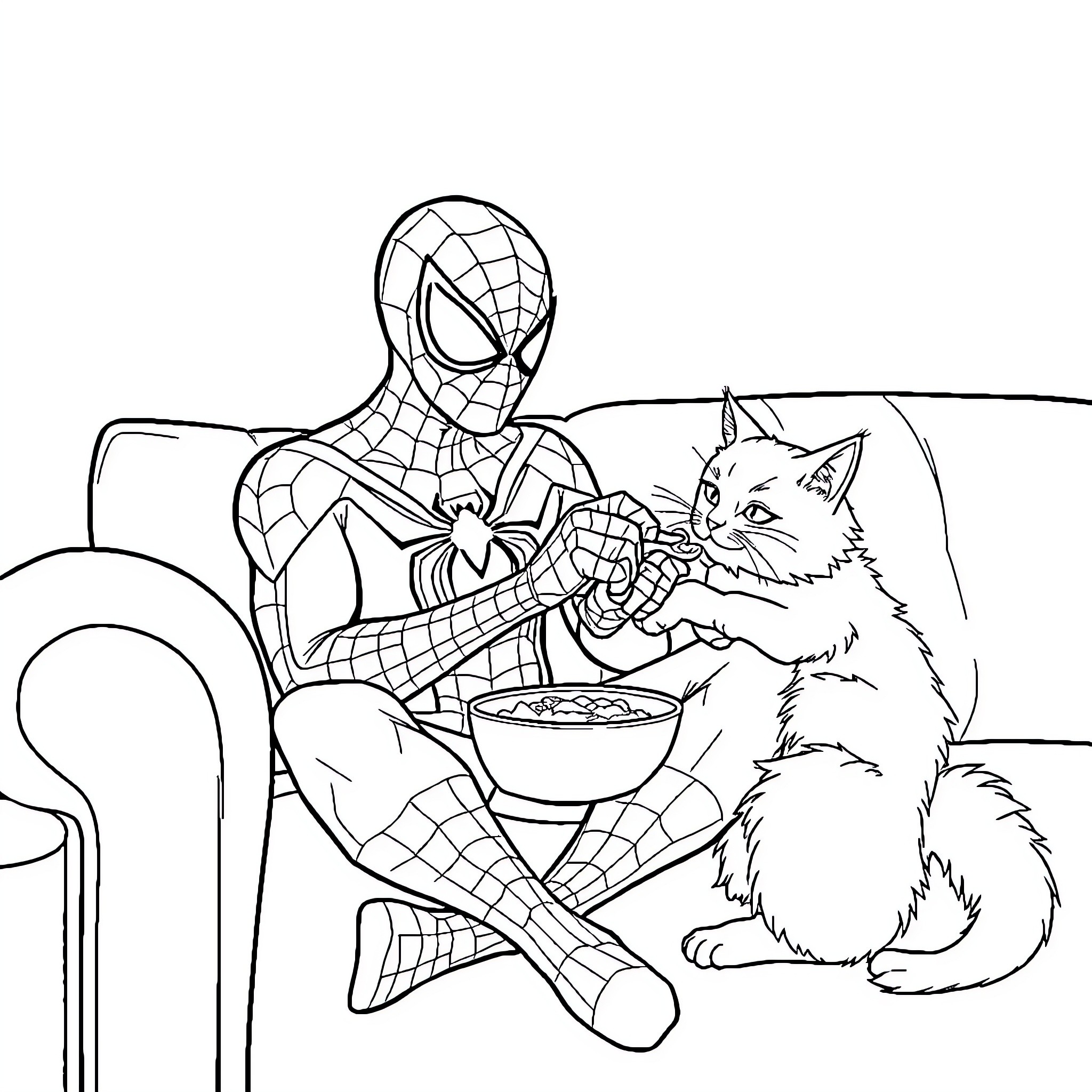 Spiderman feeding a cat snacks on the couch Coloring Page (free black-and-white line drawing printable PDF for all, from beginners to advanced learners, including children, teens, adults, and seniors)