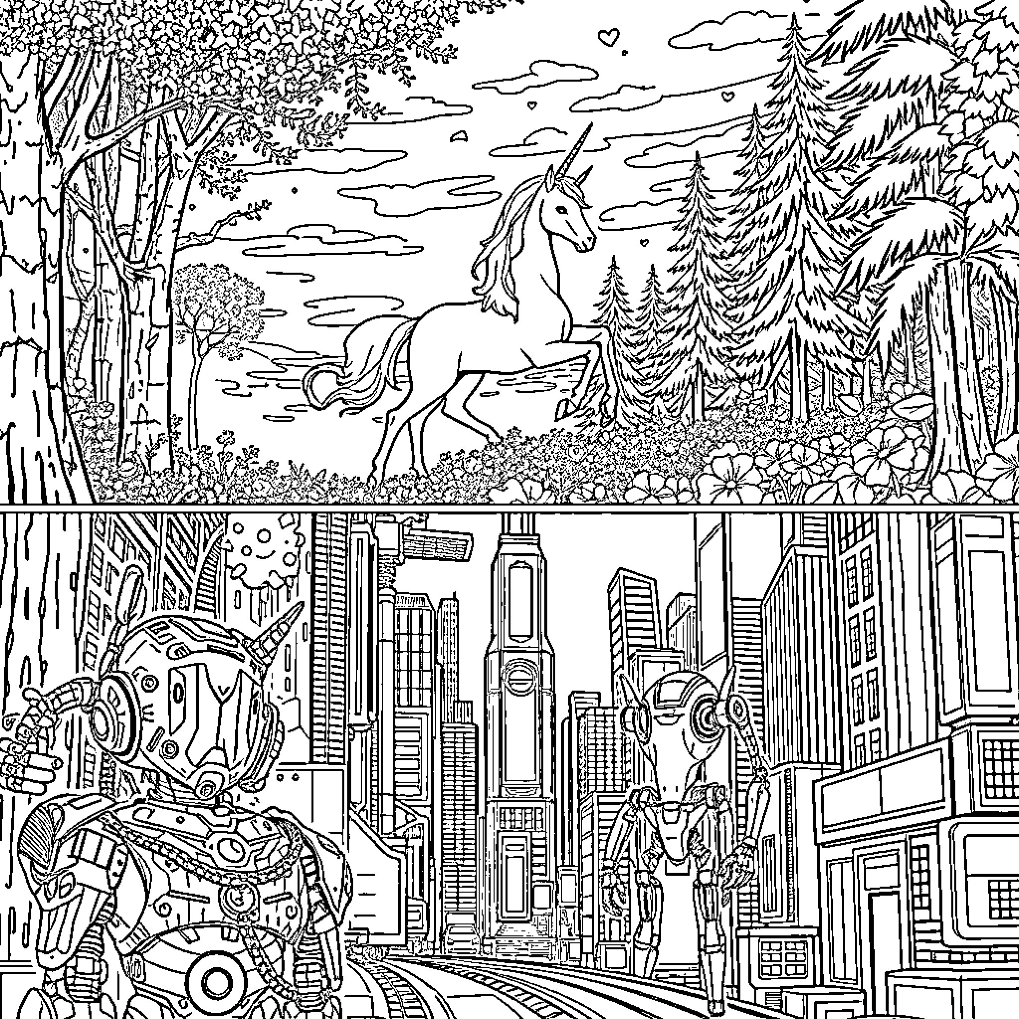 Unicorn wandering through enchanted forest and bustling city Coloring Page (free black-and-white line drawing printable PDF for all, from beginners to advanced learners, including children, teens, adults, and seniors)