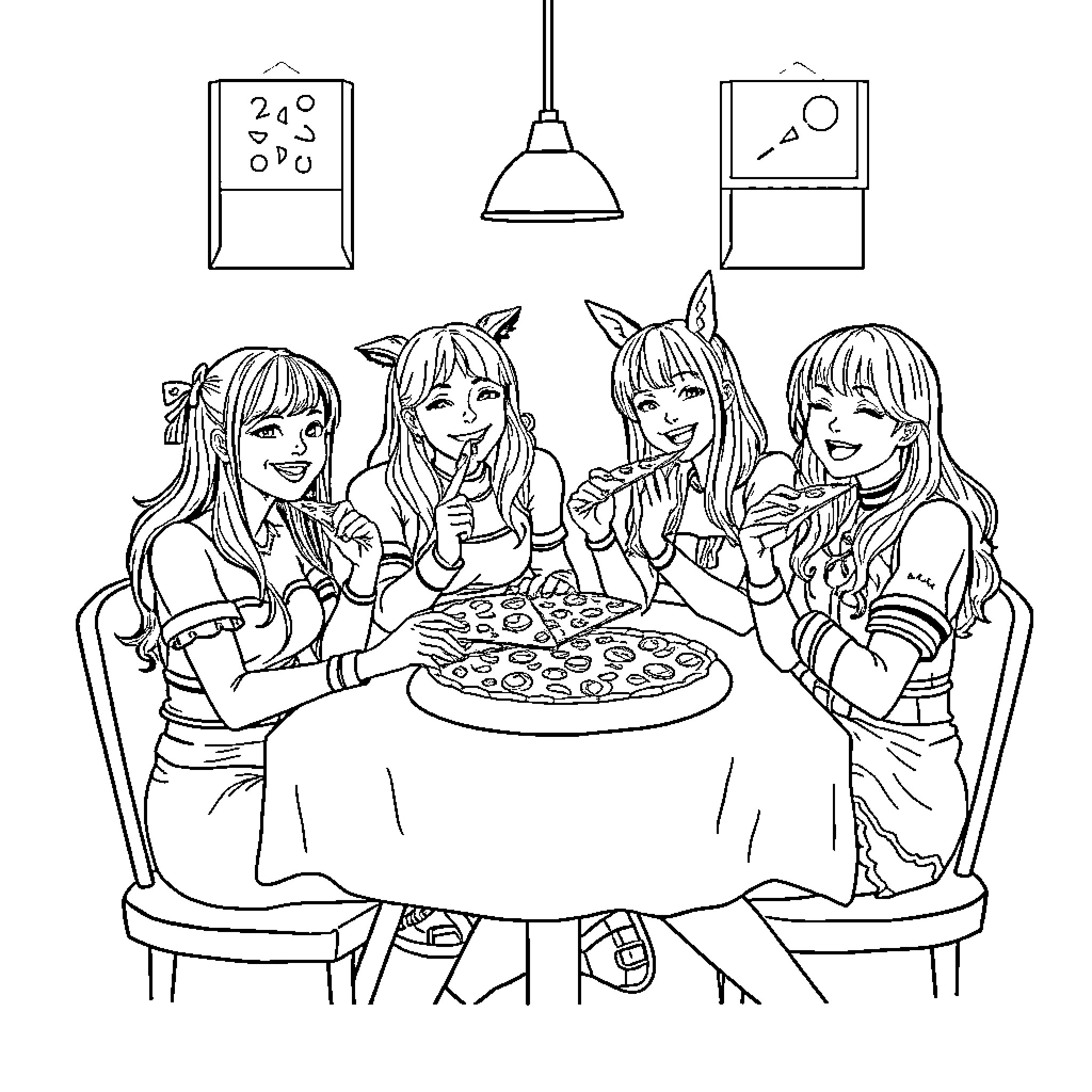 Kpop Warriors Enjoying a Delightful Meal Together Coloring Page (free black-and-white line drawing printable PDF for all, from beginners to advanced learners, including children, teens, adults, and seniors)