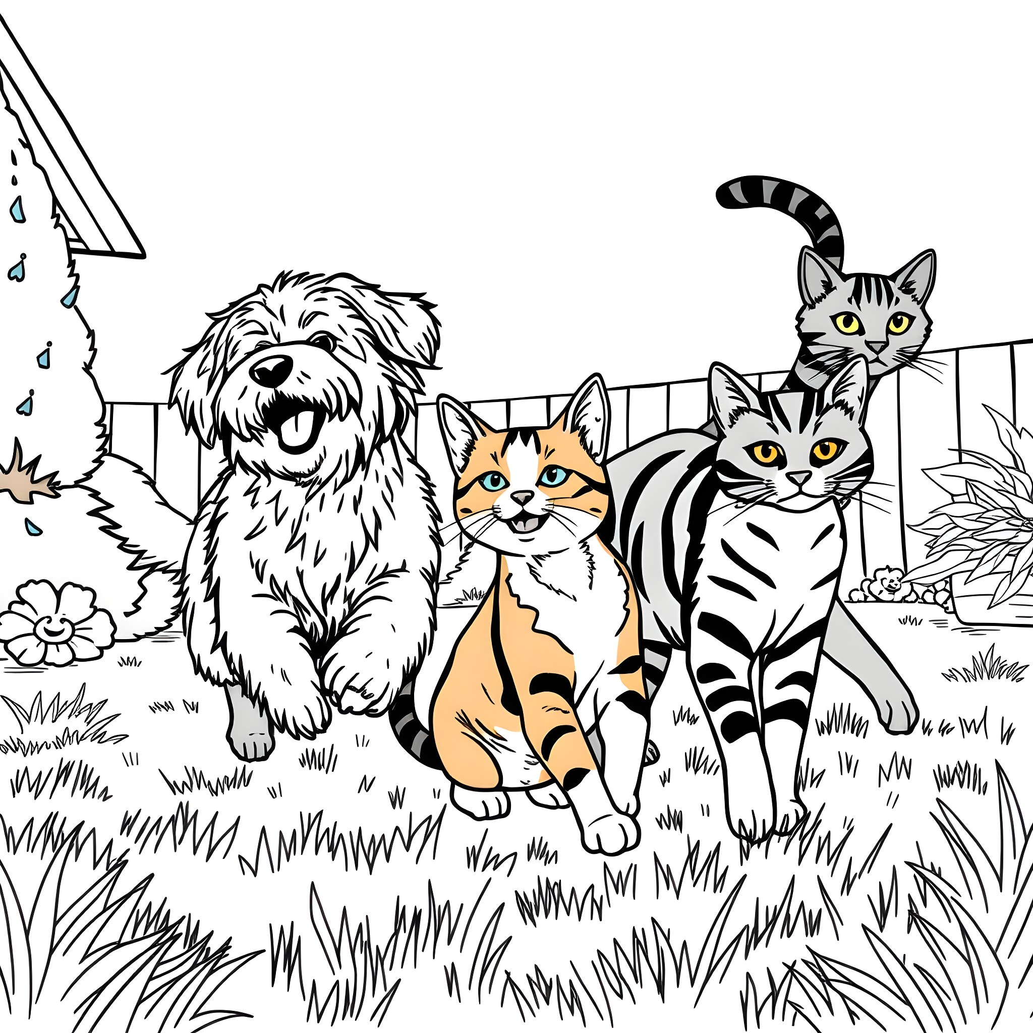 Dog and Cats Enjoying Outdoor Adventure Coloring Page (free black-and-white line drawing printable PDF for all, from beginners to advanced learners, including children, teens, adults, and seniors)