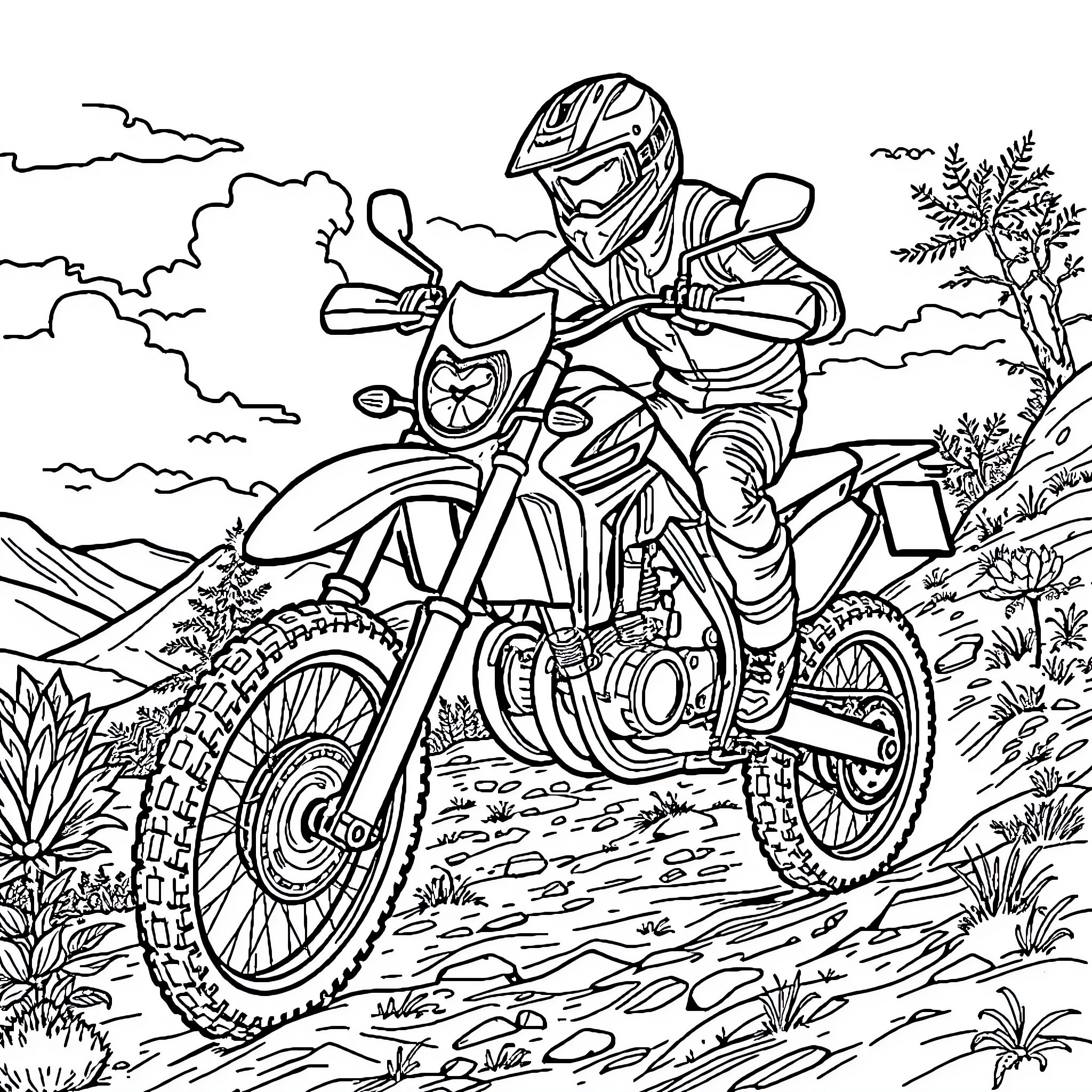 Dirtbike adventure through rugged terrain Coloring Page (free black-and-white line drawing printable PDF for all, from beginners to advanced learners, including children, teens, adults, and seniors)
