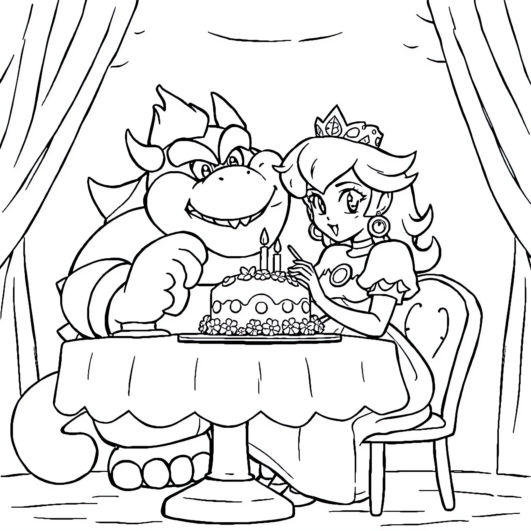 Princess Peach celebrates birthday with Bowser Coloring Page (free black-and-white line drawing printable PDF for all, from beginners to advanced learners, including children, teens, adults, and seniors)
