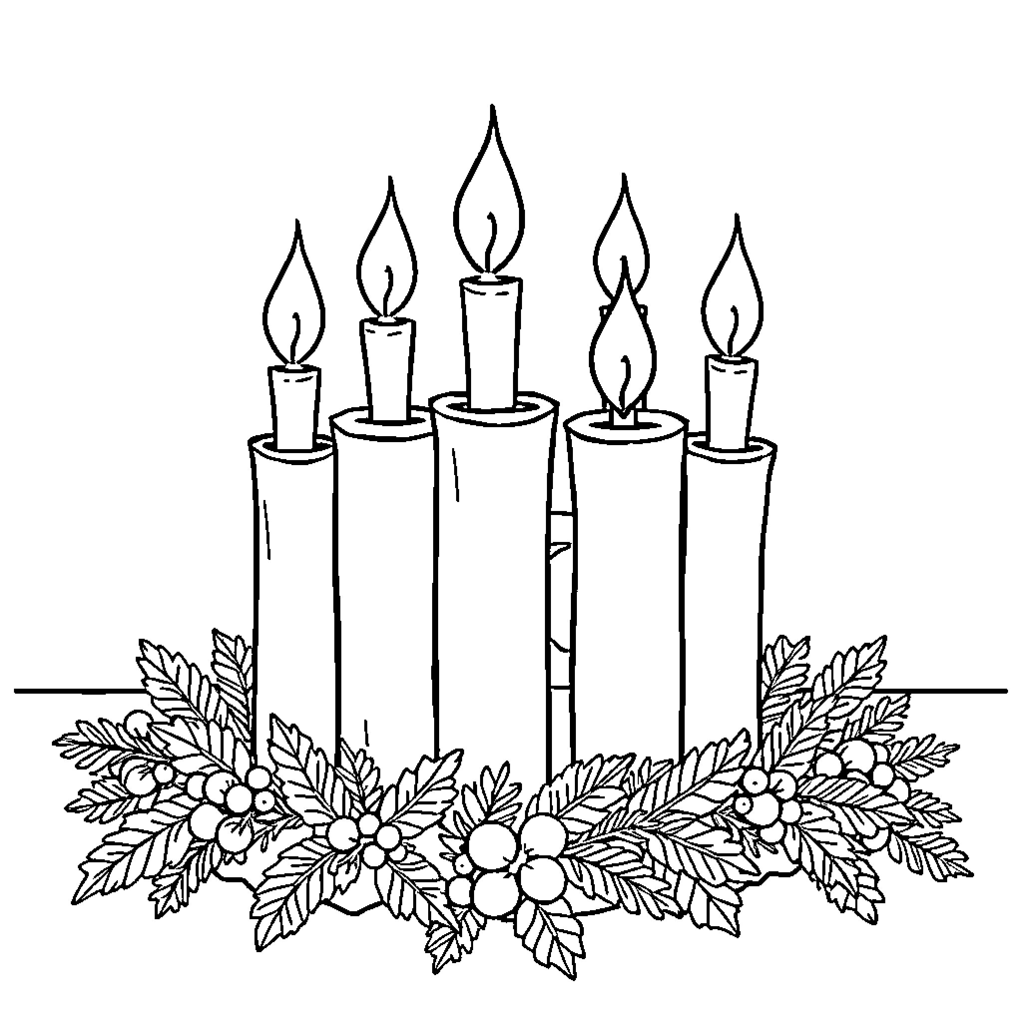 Advent Wreath with Burning Candles and Floral Decor Coloring Page (free black-and-white line drawing printable PDF for all, from beginners to advanced learners, including children, teens, adults, and seniors)