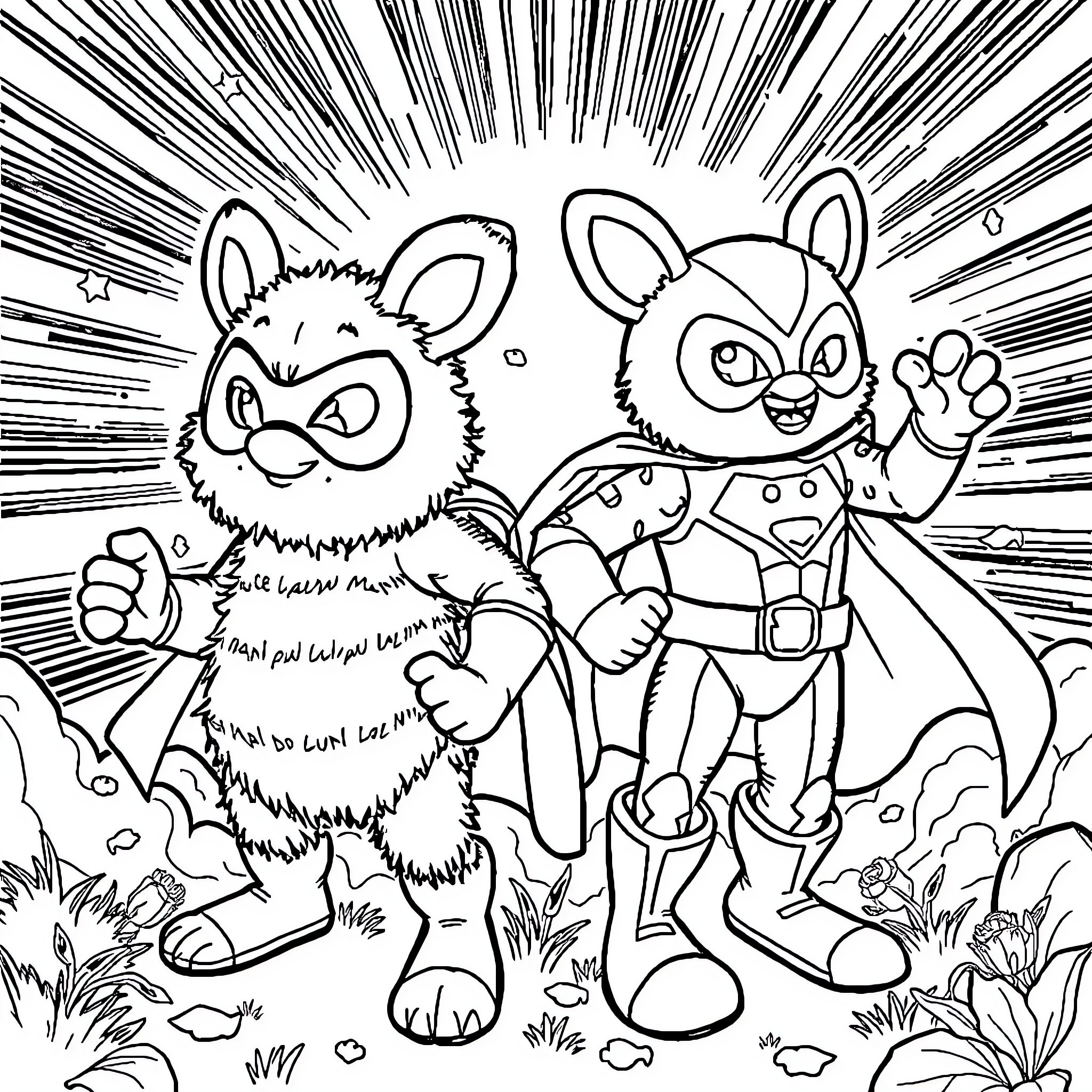 Bumblebee superheroes in action-packed scene Coloring Page (free black-and-white line drawing printable PDF for all, from beginners to advanced learners, including children, teens, adults, and seniors)