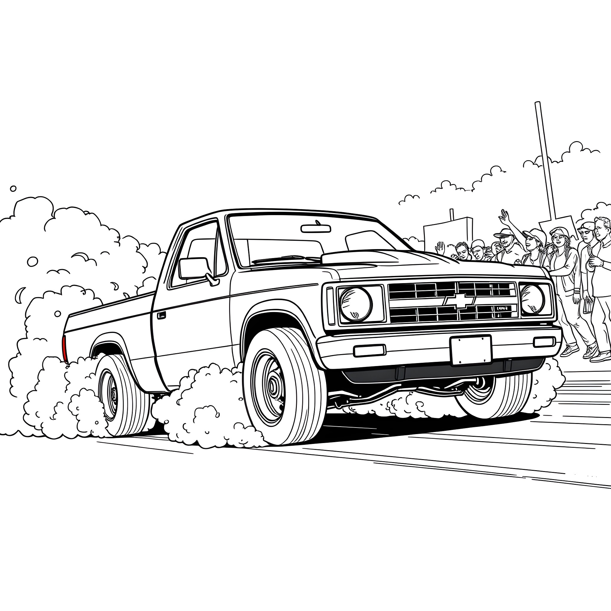 Chevy S10 pickup truck in a crowded street scene Coloring Page (free black-and-white line drawing printable PDF for all, from beginners to advanced learners, including children, teens, adults, and seniors)
