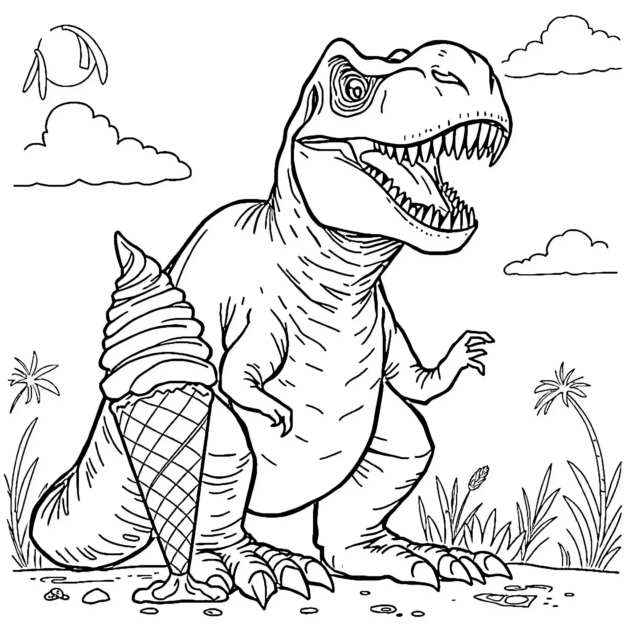 Tyrannosaurus enjoying a giant ice cream cone Coloring Page (free black-and-white line drawing printable PDF for all, from beginners to advanced learners, including children, teens, adults, and seniors)