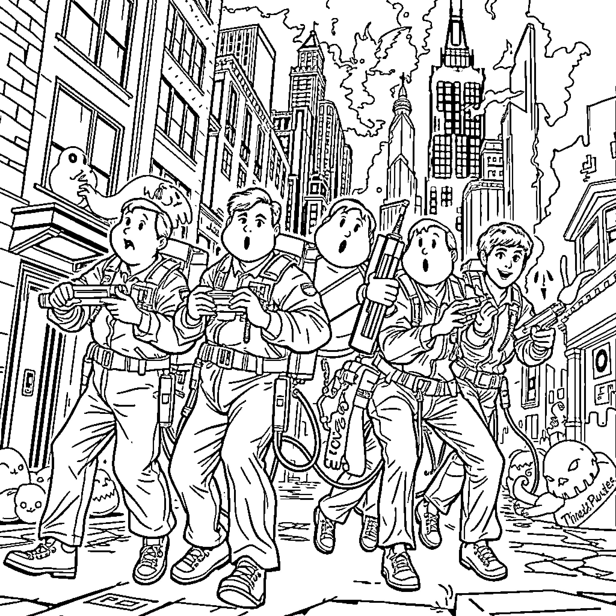 Ghostbusters in action capturing supernatural entities in the city Coloring Page (free black-and-white line drawing printable PDF for all, from beginners to advanced learners, including children, teens, adults, and seniors)