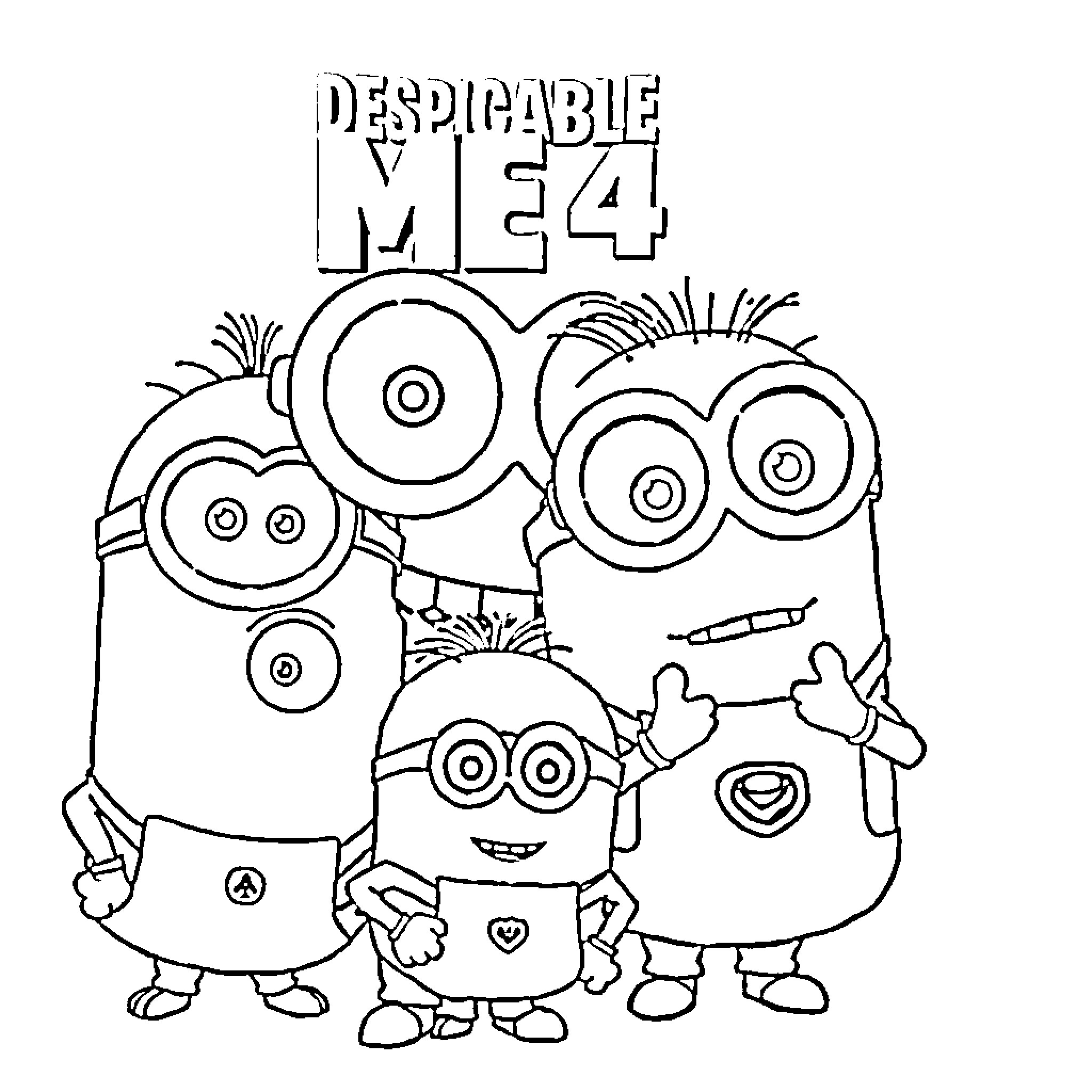 Despicable Me 4 Minions in Playful Poses Coloring Page (free black-and-white line drawing printable PDF for all, from beginners to advanced learners, including children, teens, adults, and seniors)