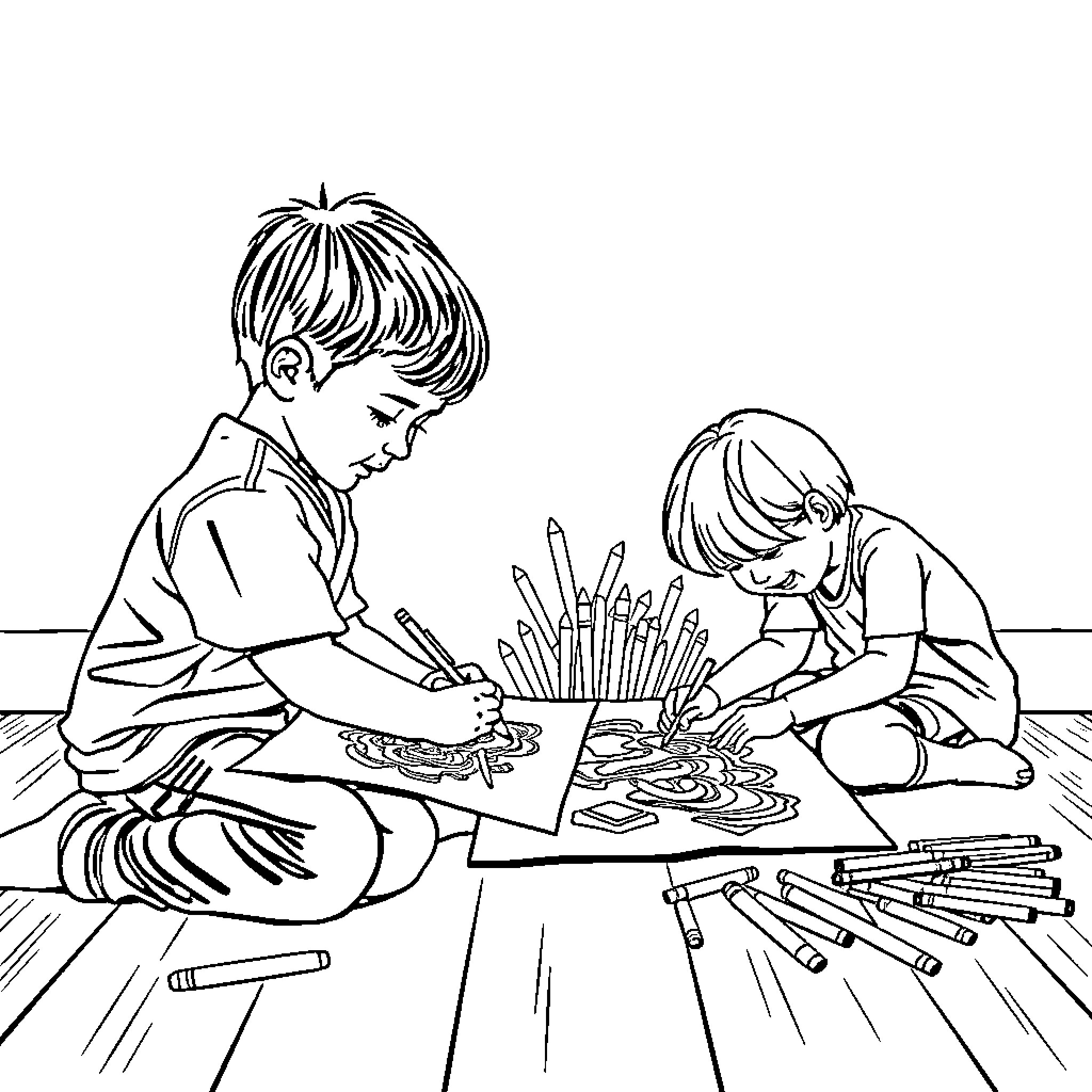 Kid coloring and drawing with art supplies Coloring Page (free black-and-white line drawing printable PDF for all, from beginners to advanced learners, including children, teens, adults, and seniors)