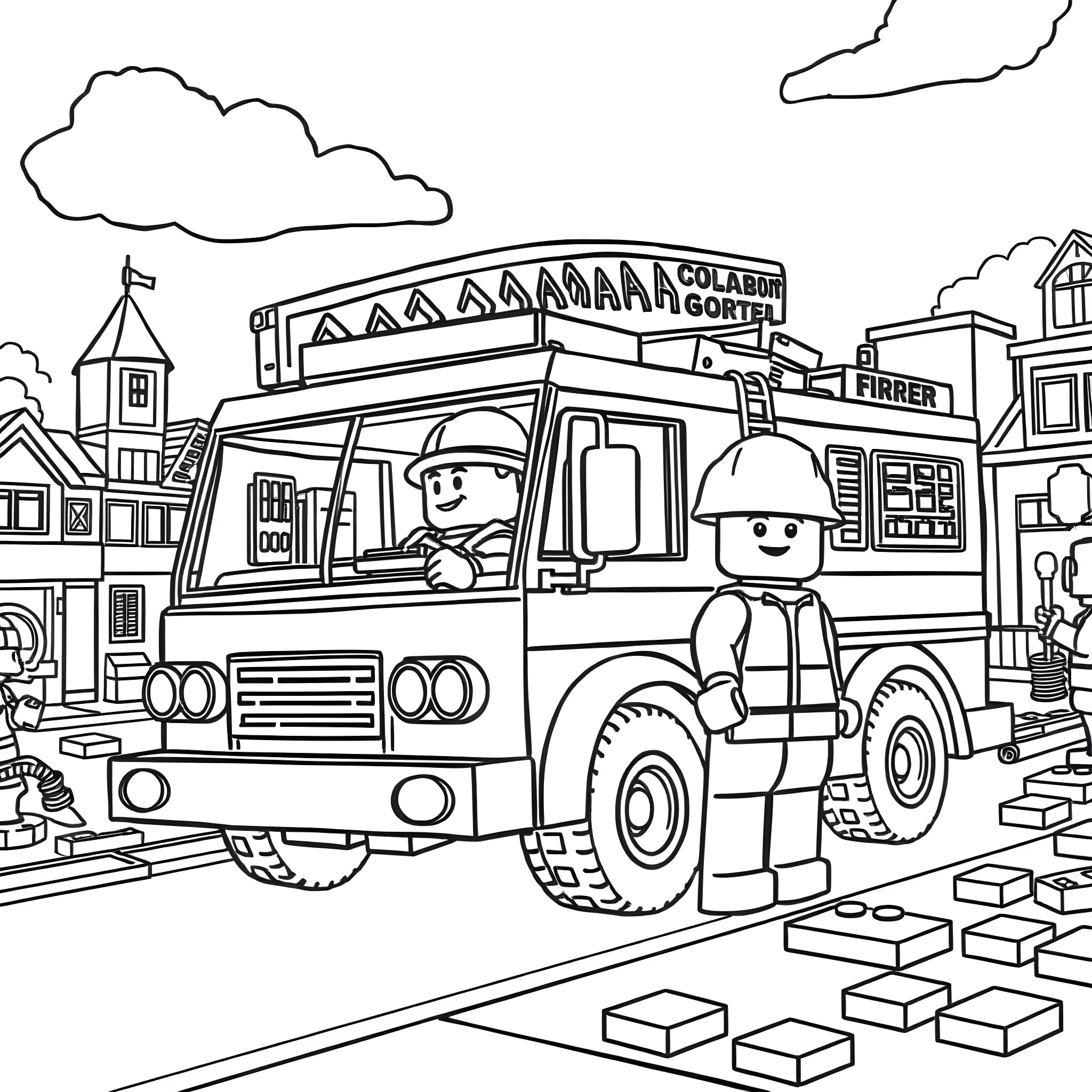 Firetruck responding to an emergency in the city Coloring Page (free black-and-white line drawing printable PDF for all, from beginners to advanced learners, including children, teens, adults, and seniors)
