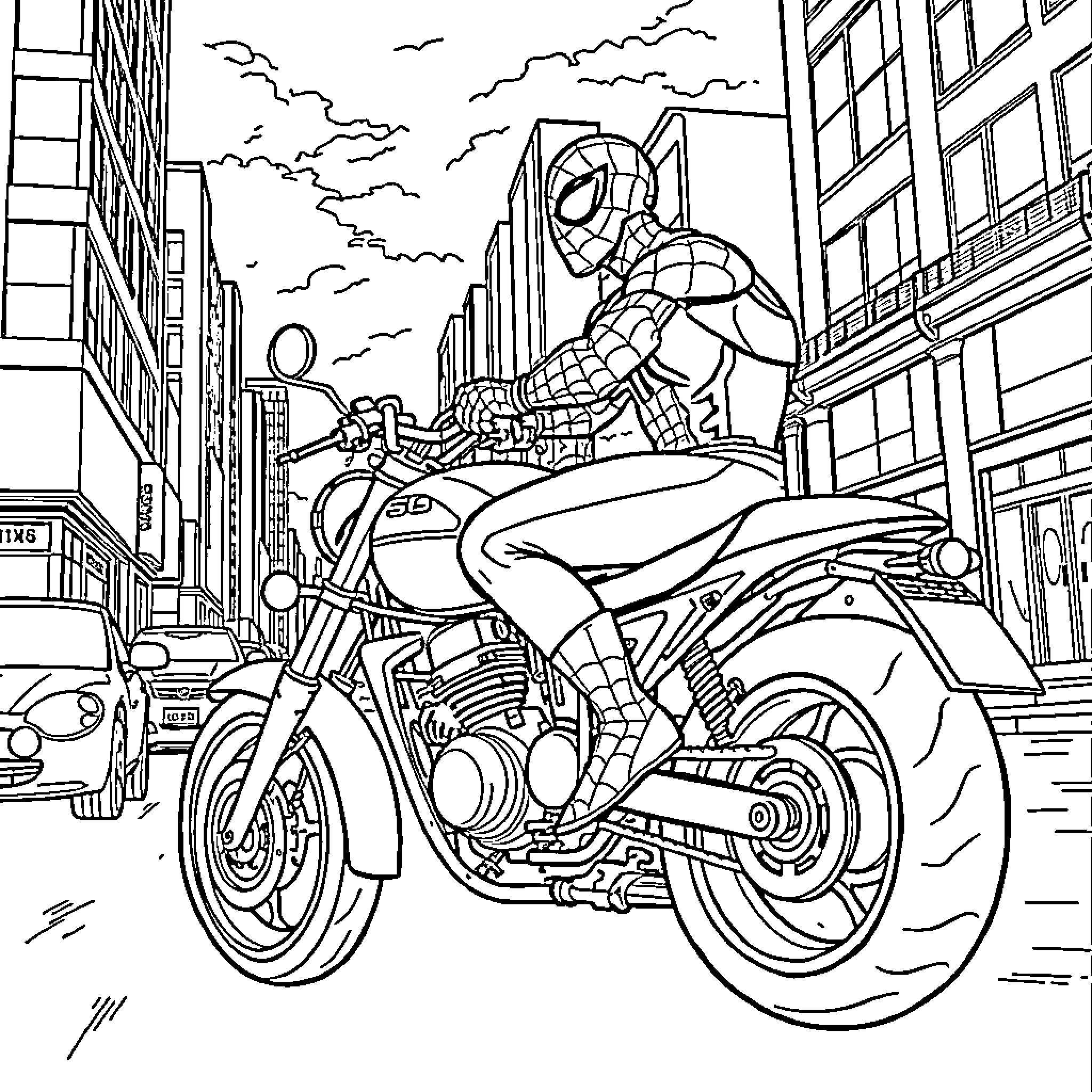 Spiderman riding a motorcycle through the city Coloring Page (free black-and-white line drawing printable PDF for all, from beginners to advanced learners, including children, teens, adults, and seniors)