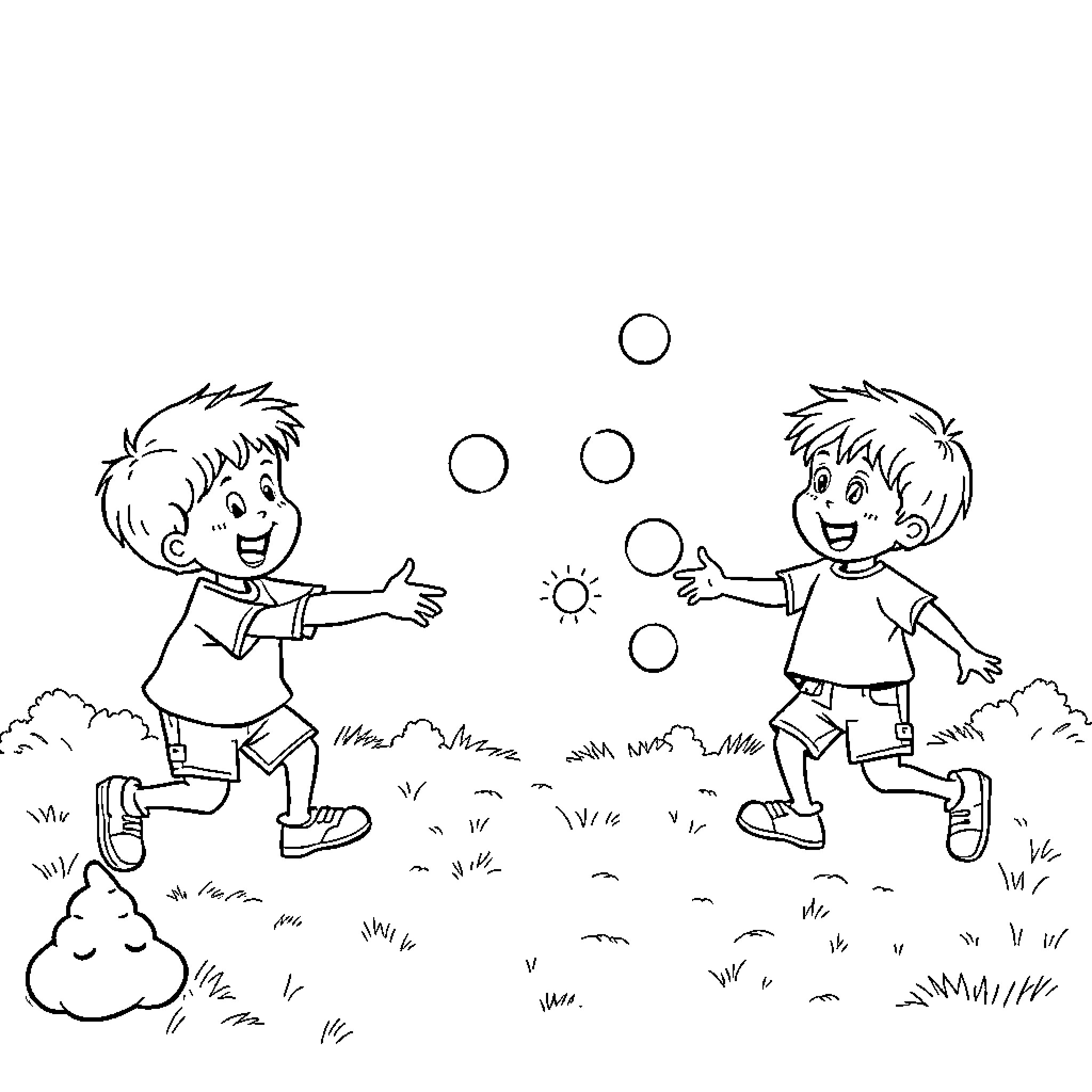 Poop bubbles boys playing happily outdoors Coloring Page (free black-and-white line drawing printable PDF for all, from beginners to advanced learners, including children, teens, adults, and seniors)