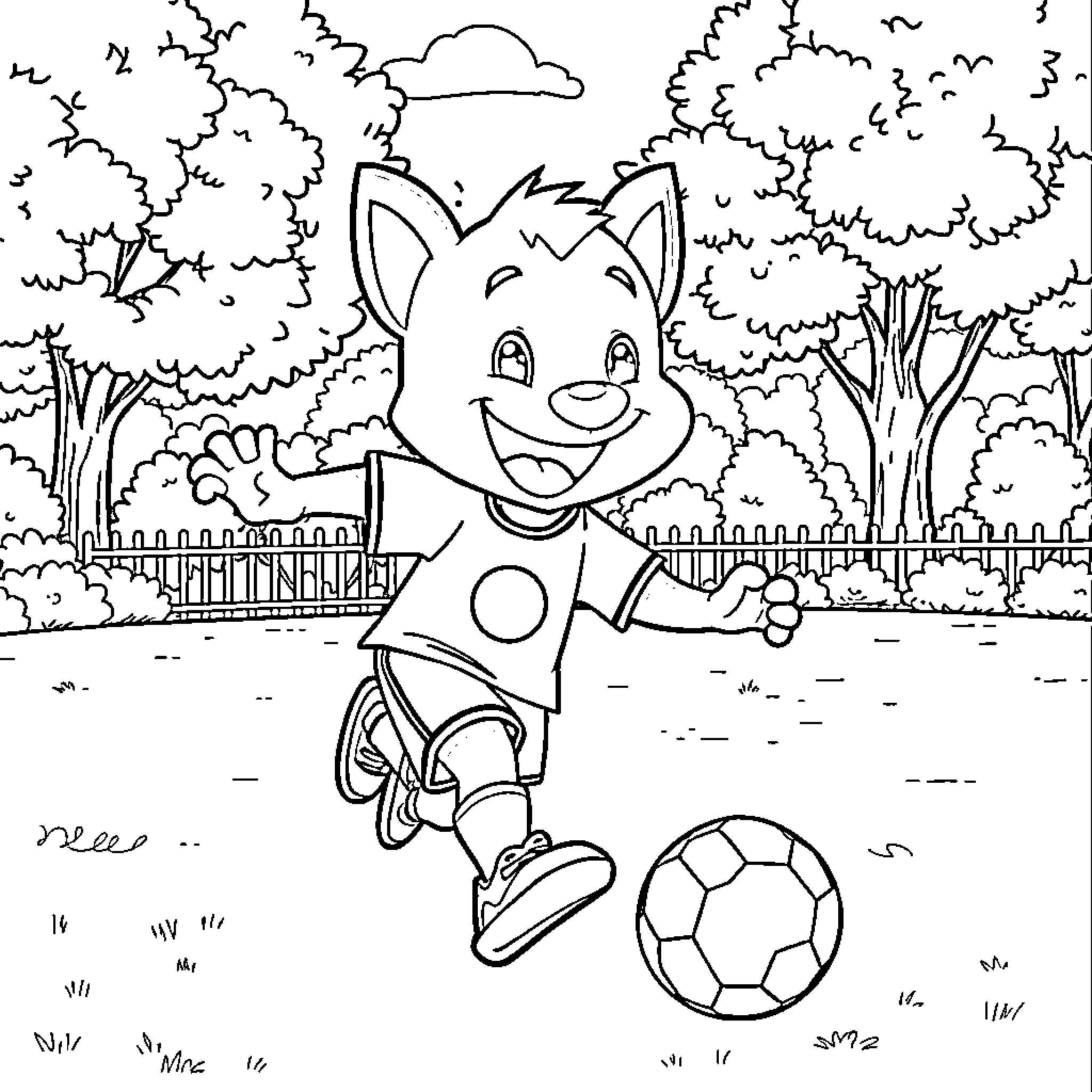 Bluey character happily playing soccer in a park Coloring Page (free black-and-white line drawing printable PDF for all, from beginners to advanced learners, including children, teens, adults, and seniors)