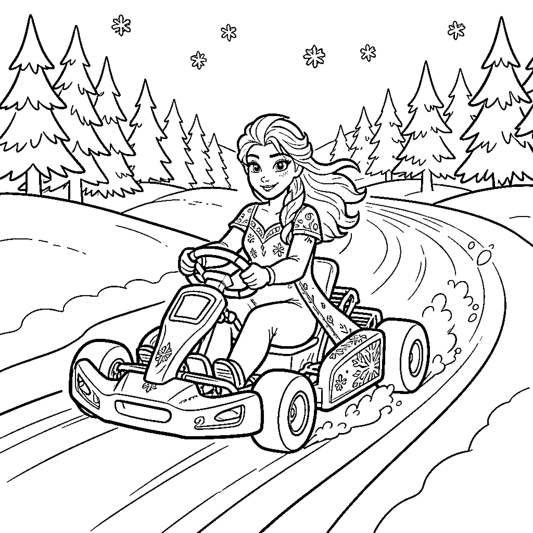 Snow Queen racing through a winter wonderland Coloring Page (free black-and-white line drawing printable PDF for all, from beginners to advanced learners, including children, teens, adults, and seniors)