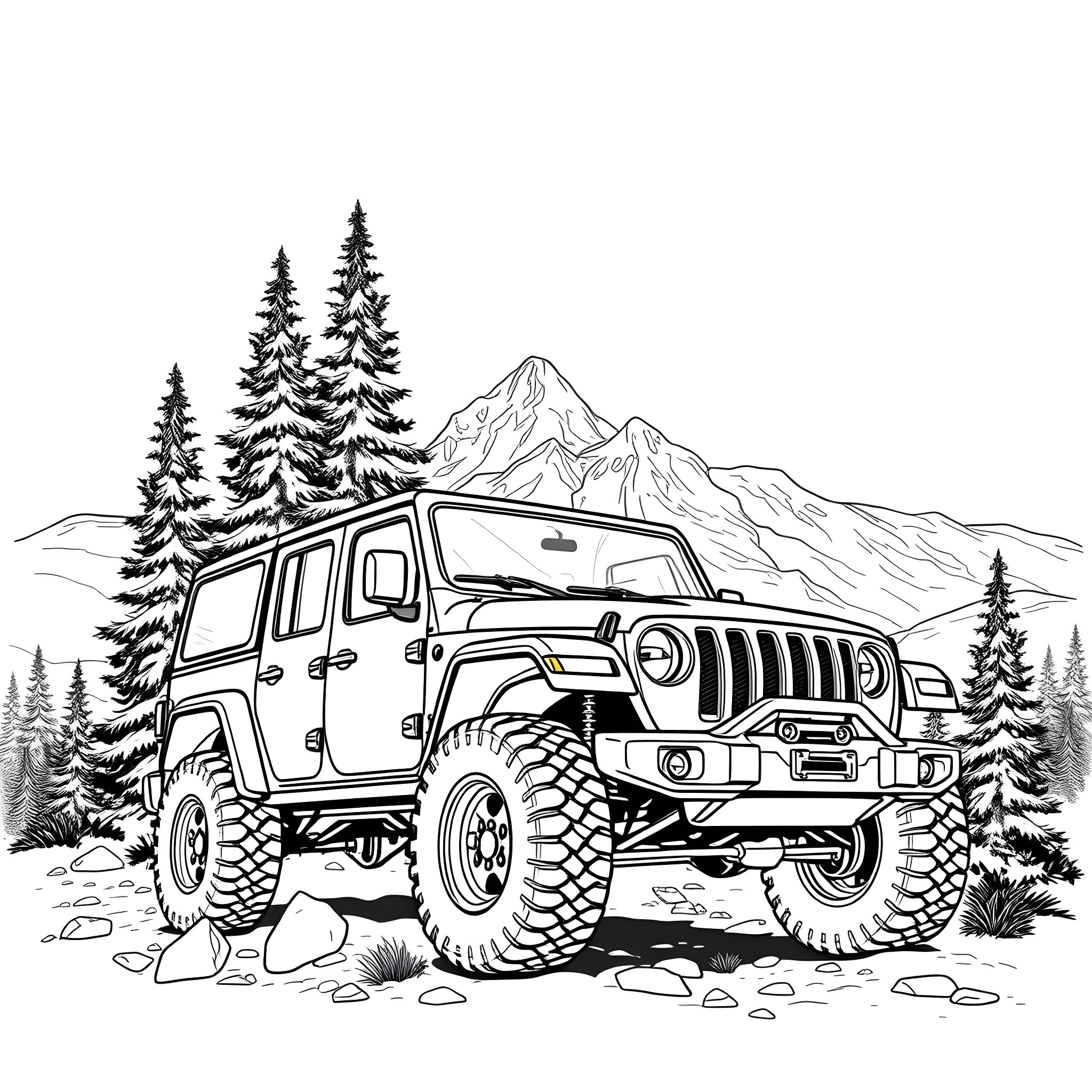 Truck on mountain adventure through snowy landscape Coloring Page (free black-and-white line drawing printable PDF for all, from beginners to advanced learners, including children, teens, adults, and seniors)