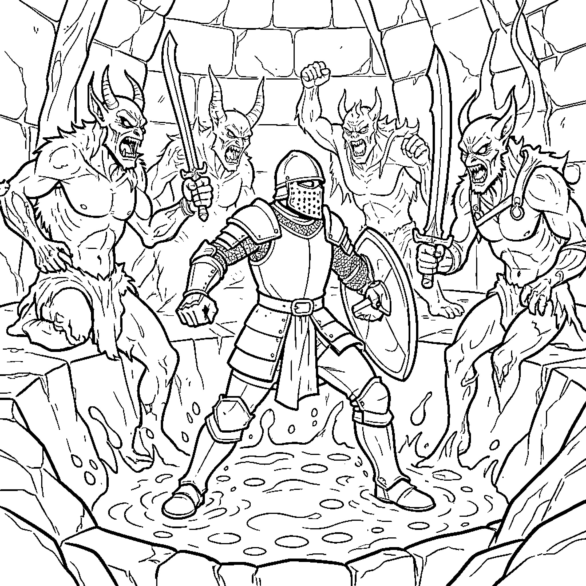 Knight fighting demons in an epic battle scene Coloring Page (free black-and-white line drawing printable PDF for all, from beginners to advanced learners, including children, teens, adults, and seniors)
