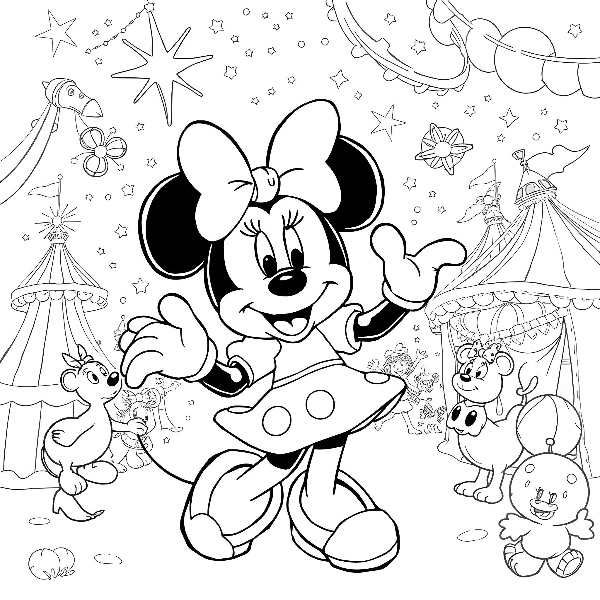 Minnie Mouse's Magical Carnival Adventure Coloring Page (free black-and-white line drawing printable PDF for all, from beginners to advanced learners, including children, teens, adults, and seniors)