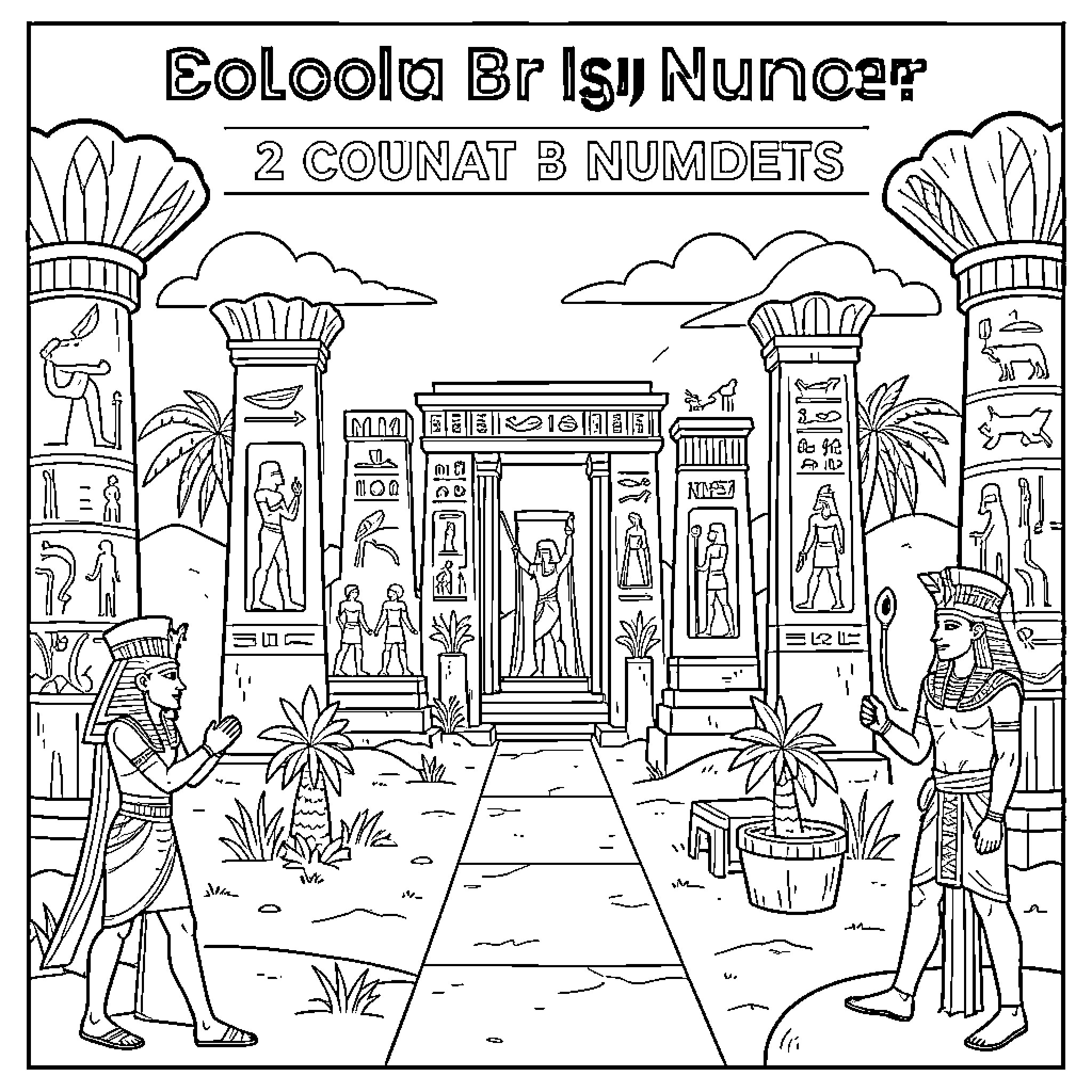 Egypt ancient temple scene with figures and palm trees Coloring Page (free black-and-white line drawing printable PDF for all, from beginners to advanced learners, including children, teens, adults, and seniors)