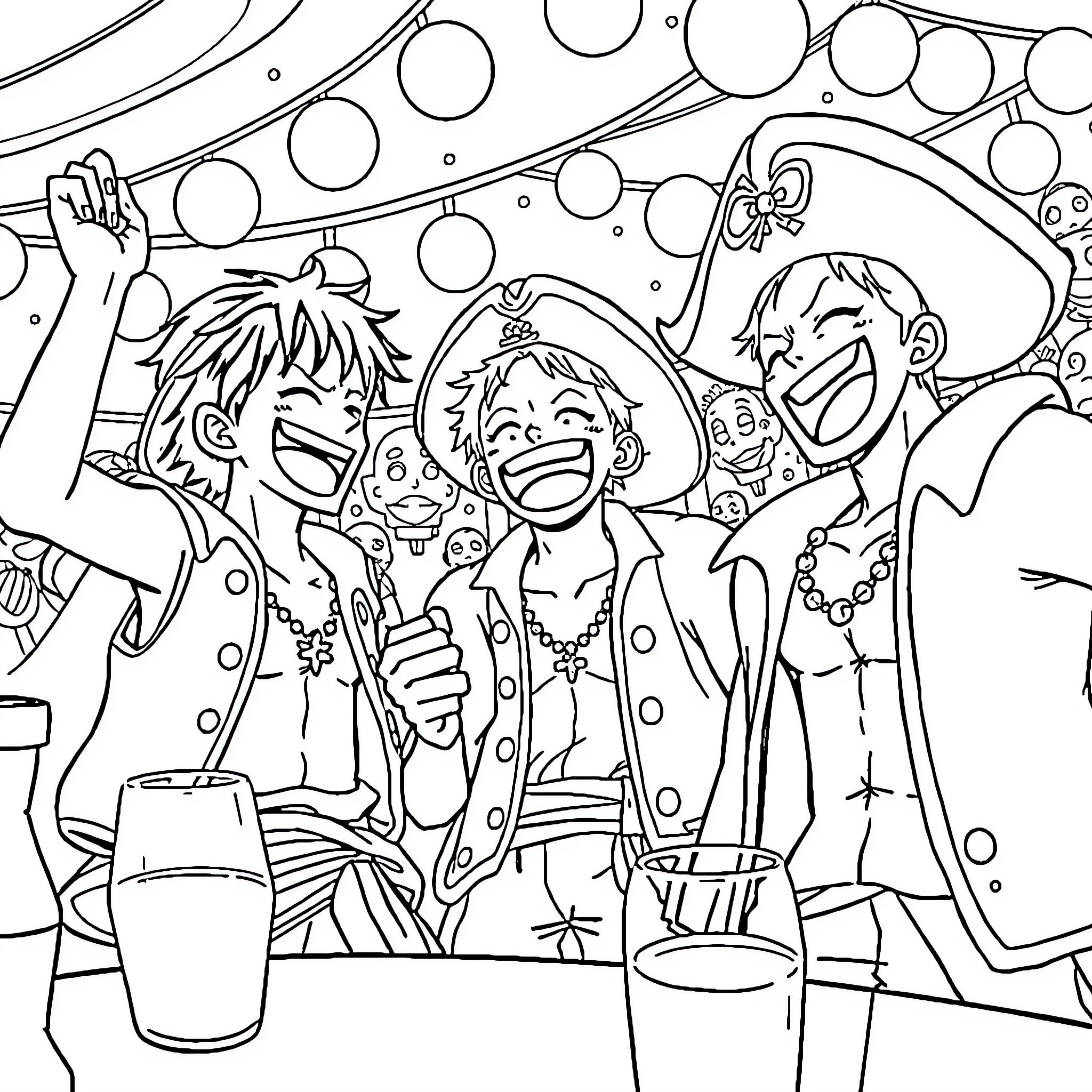 Luffy and friends celebrating with drinks and merriment Coloring Page (free black-and-white line drawing printable PDF for all, from beginners to advanced learners, including children, teens, adults, and seniors)