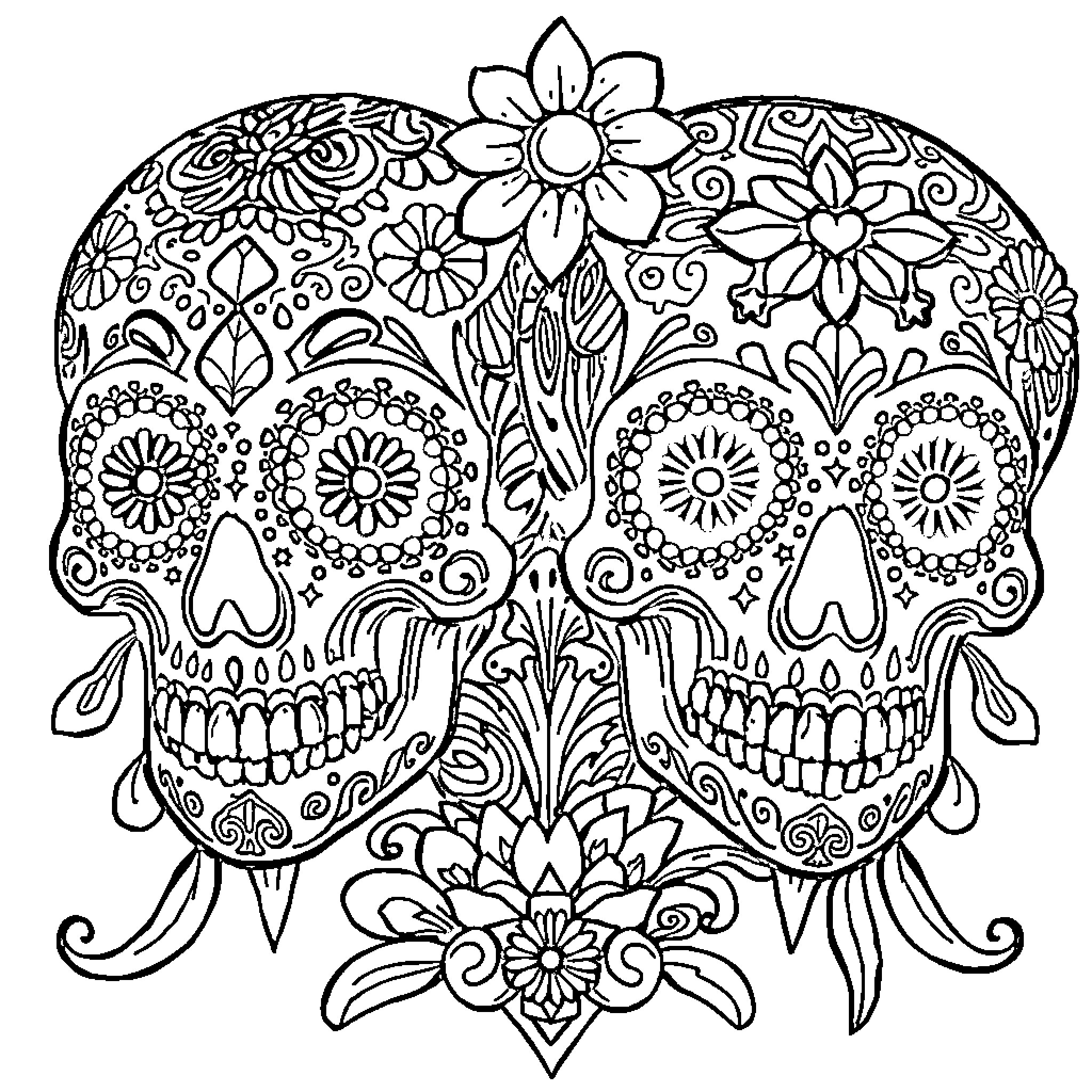 Skull Decorated with Floral Patterns Coloring Page (free black-and-white line drawing printable PDF for all, from beginners to advanced learners, including children, teens, adults, and seniors)