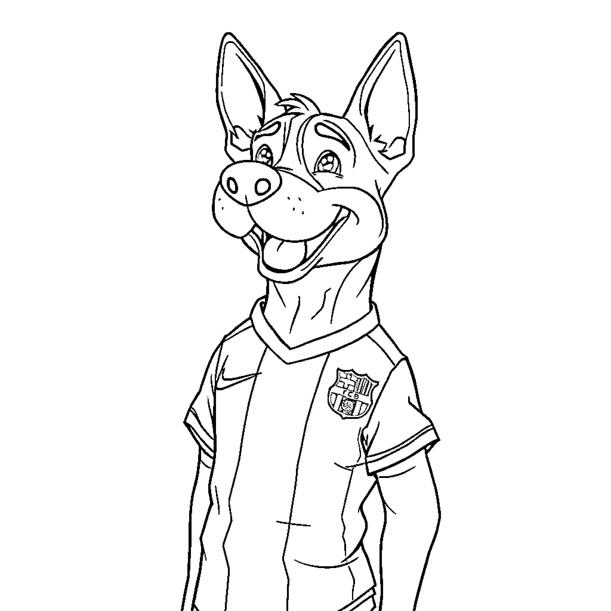 Perro with soccer uniform excitedly cheering Coloring Page (free black-and-white line drawing printable PDF for all, from beginners to advanced learners, including children, teens, adults, and seniors)