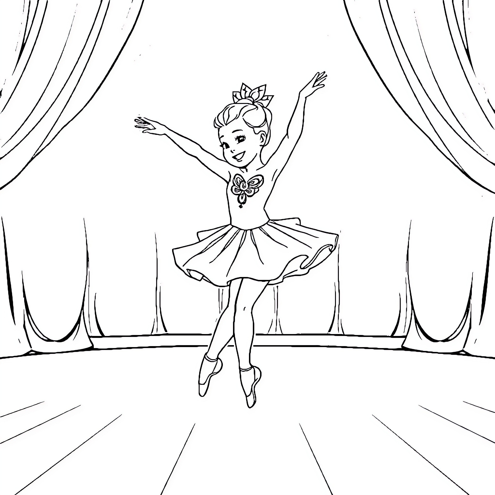 Labubu's graceful ballet performance on stage Coloring Page (free black-and-white line drawing printable PDF for all, from beginners to advanced learners, including children, teens, adults, and seniors)