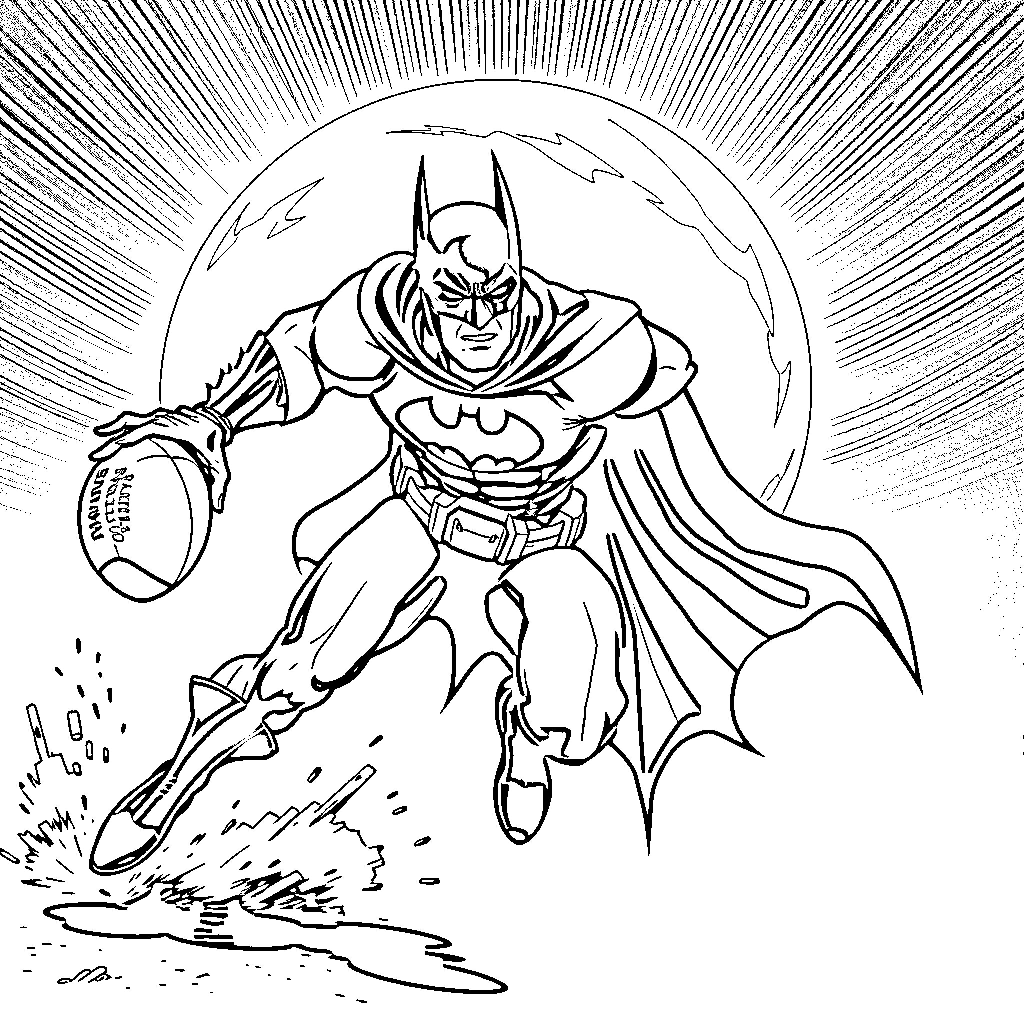 Batman saving the world with heroic actions Coloring Page (free black-and-white line drawing printable PDF for all, from beginners to advanced learners, including children, teens, adults, and seniors)