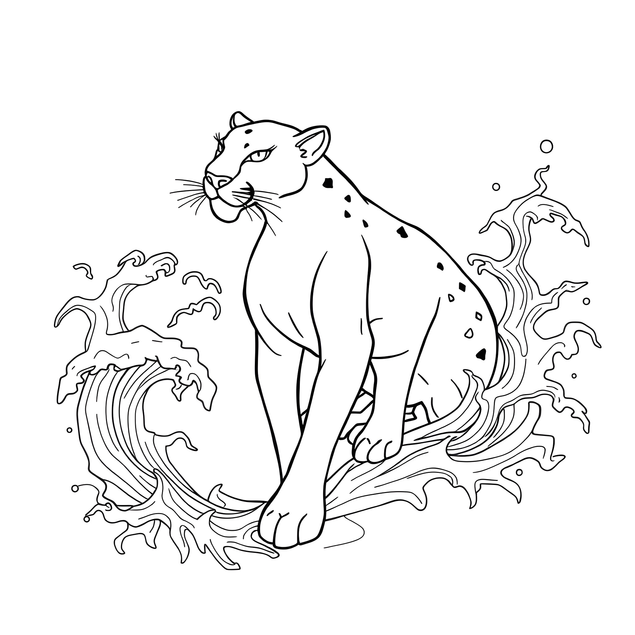 Mishipeshu: Mythical Panther Emerging from Swirling Waves Coloring Page (free black-and-white line drawing printable PDF for all, from beginners to advanced learners, including children, teens, adults, and seniors)